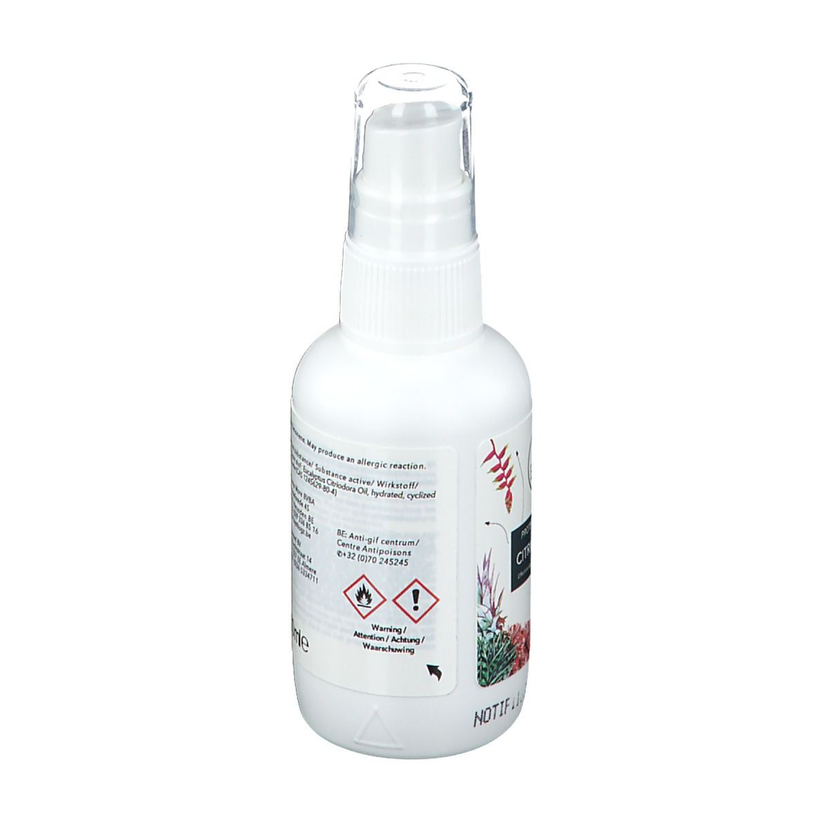 Flacon spray blanc avec texte et symboles d'avertissement. Tête de pulvérisation transparente. Design floral. Vue arrière.