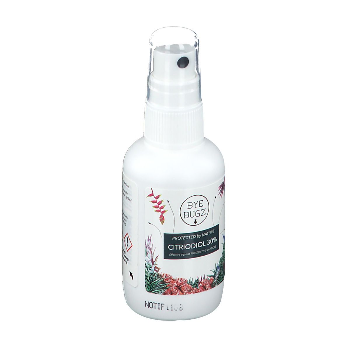 Flacon spray blanc ByeBugz Citriodiol 30%. Design floral. Tête de pulvérisation transparente.