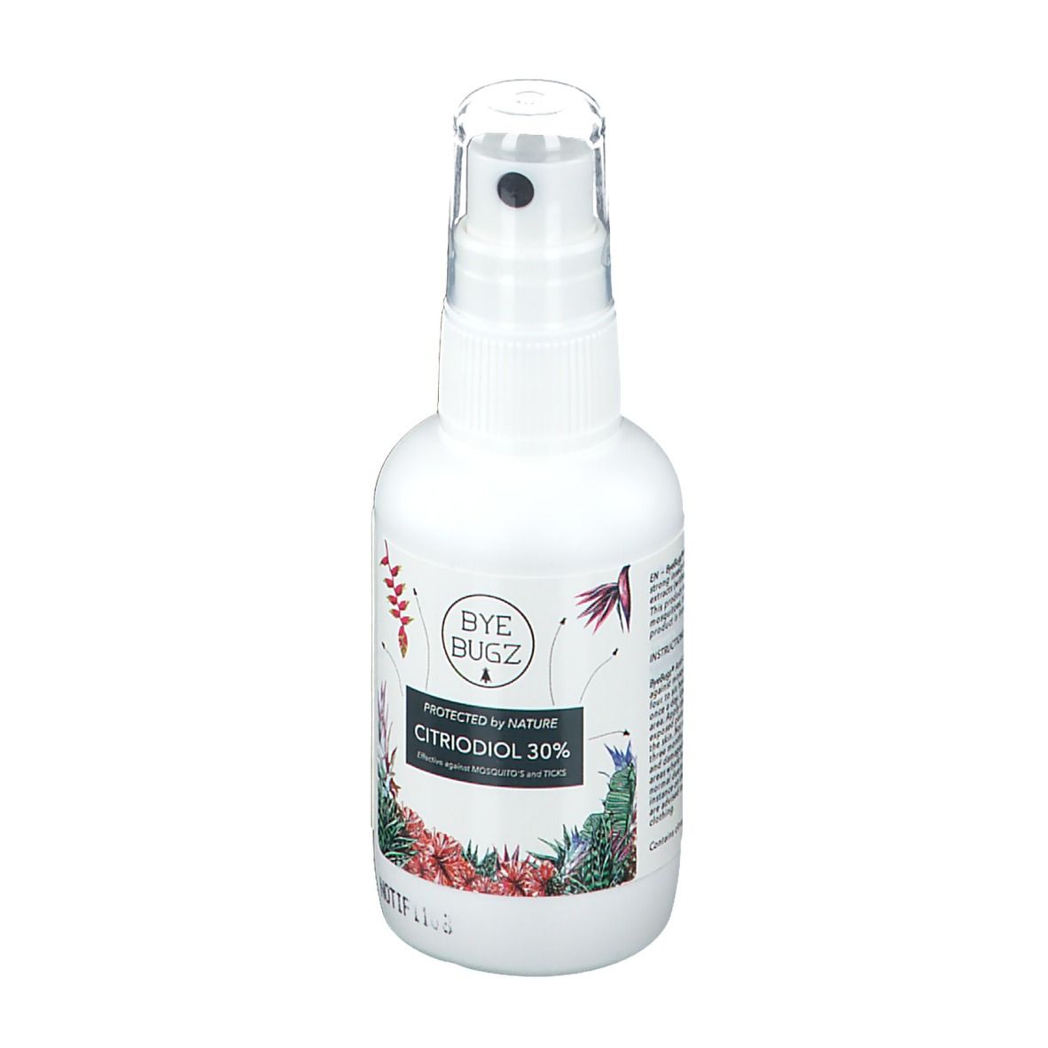 Flacon spray blanc ByeBugz Citriodiol 30%. Design floral. Tête de pulvérisation transparente.