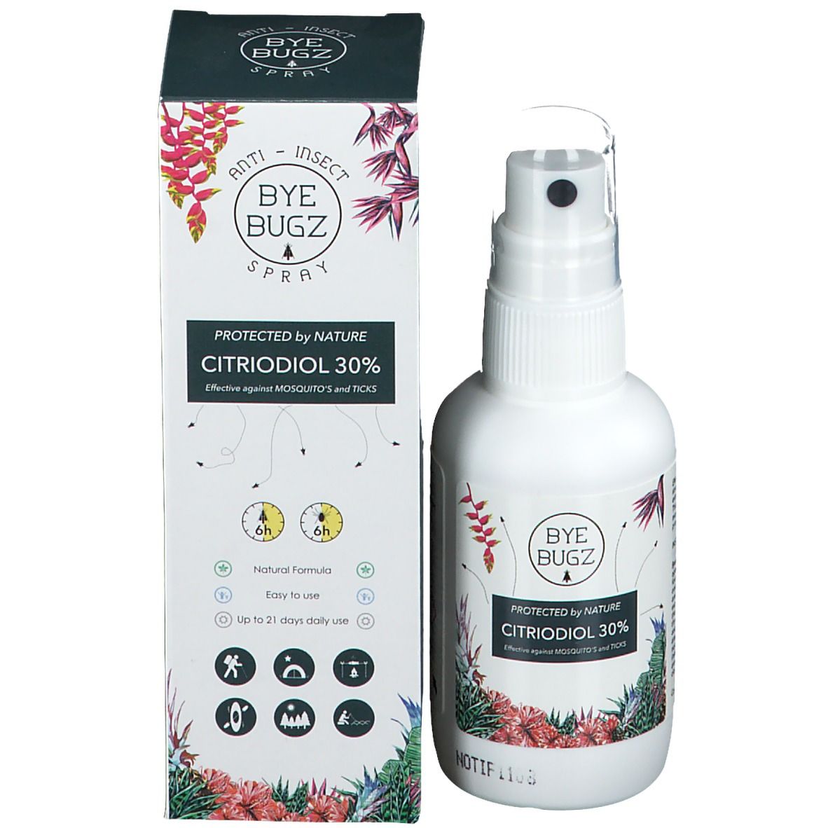 Spray ByeBugz et emballage. Blanc avec design floral. Contient Citriodiol 30%.