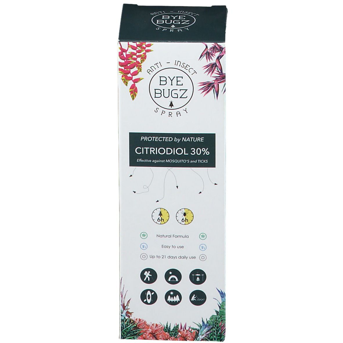 Emballage du spray ByeBugz. Blanc avec design floral. Contient Citriodiol 30%.