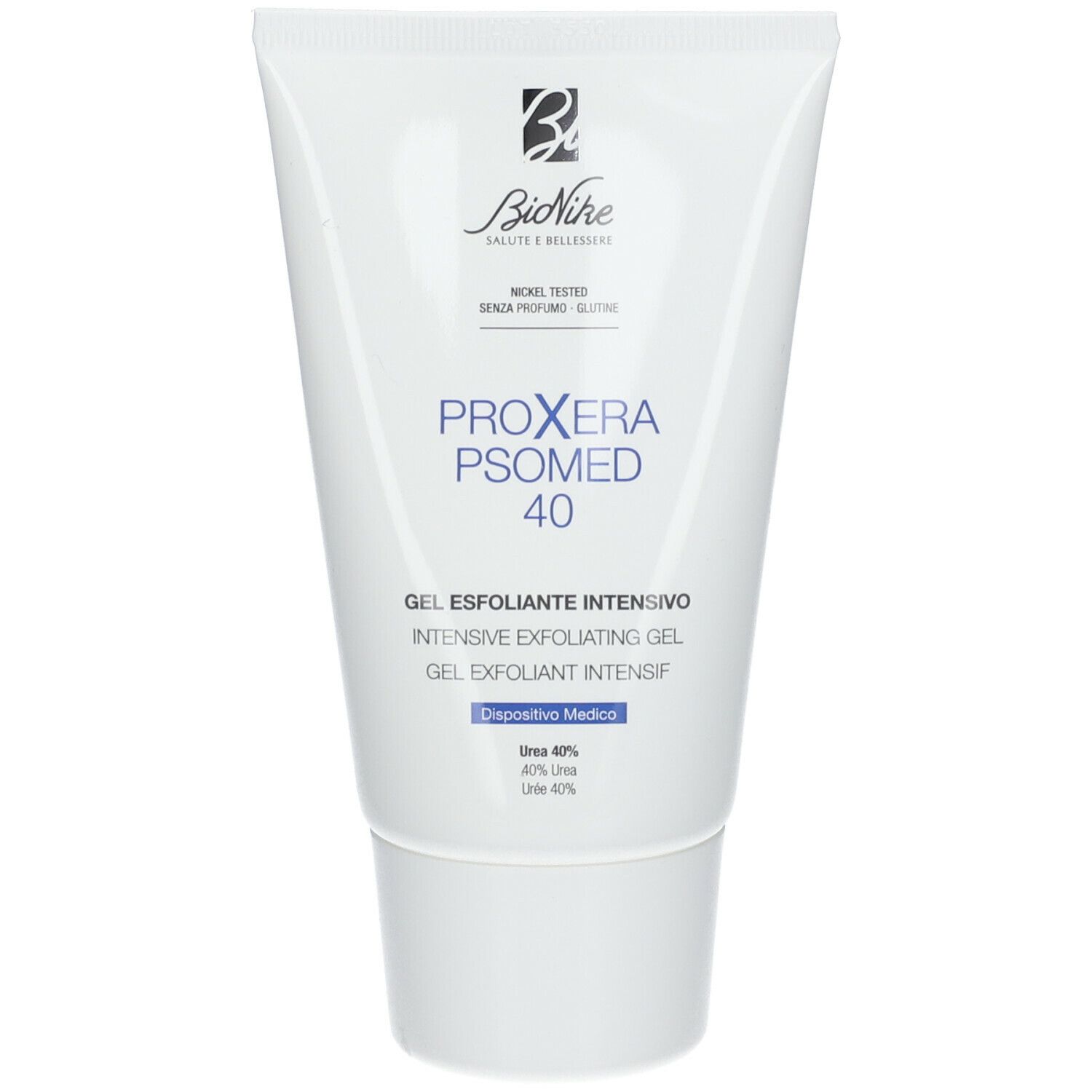 Tube blanc avec texte bleu. Contient Proxera Psomed 40. Inscription: Gel Esfoliante Intensivo. Testé au nickel.