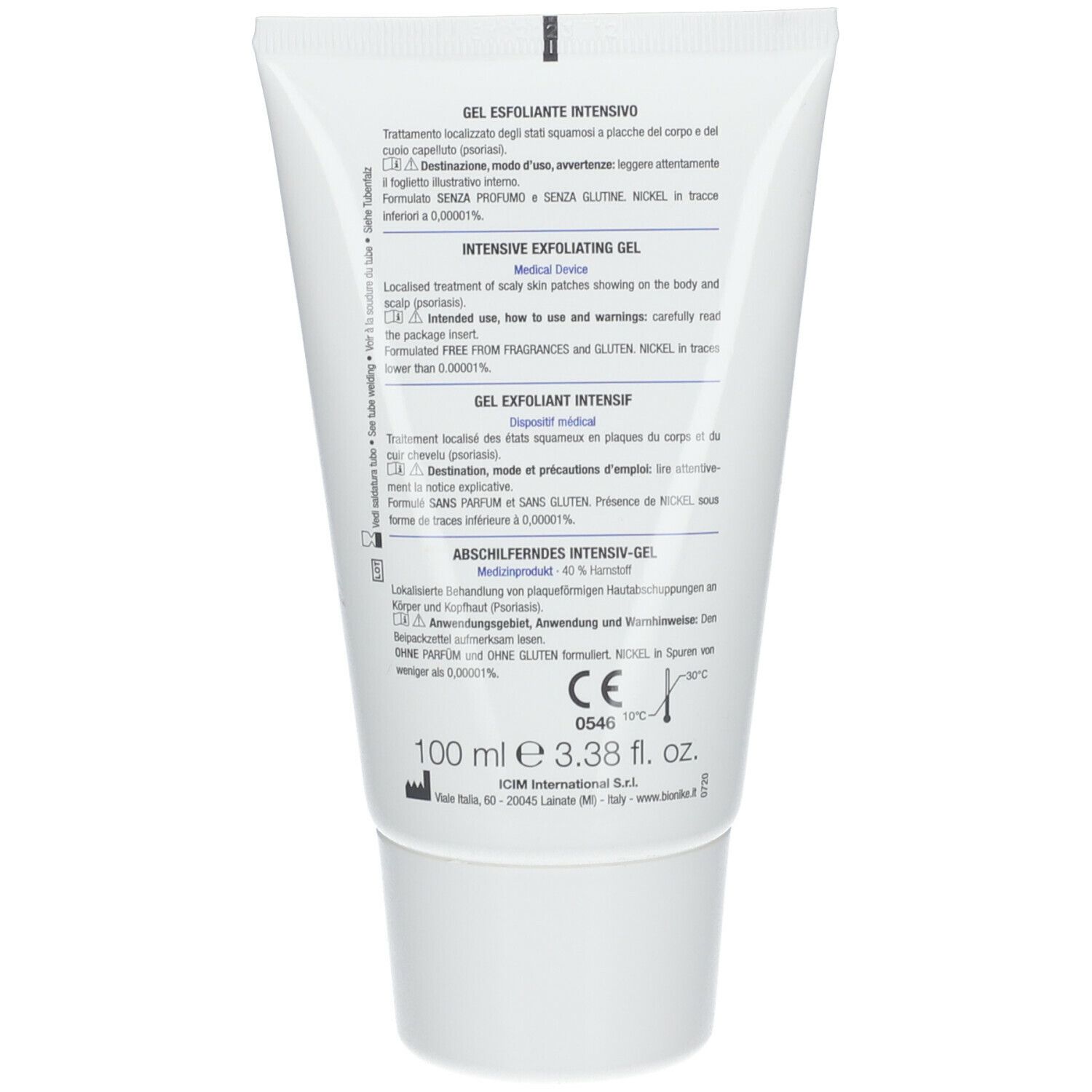 Dos du tube. Texte multilingue. Informations sur le produit Proxera Psomed 40. Marquage CE.