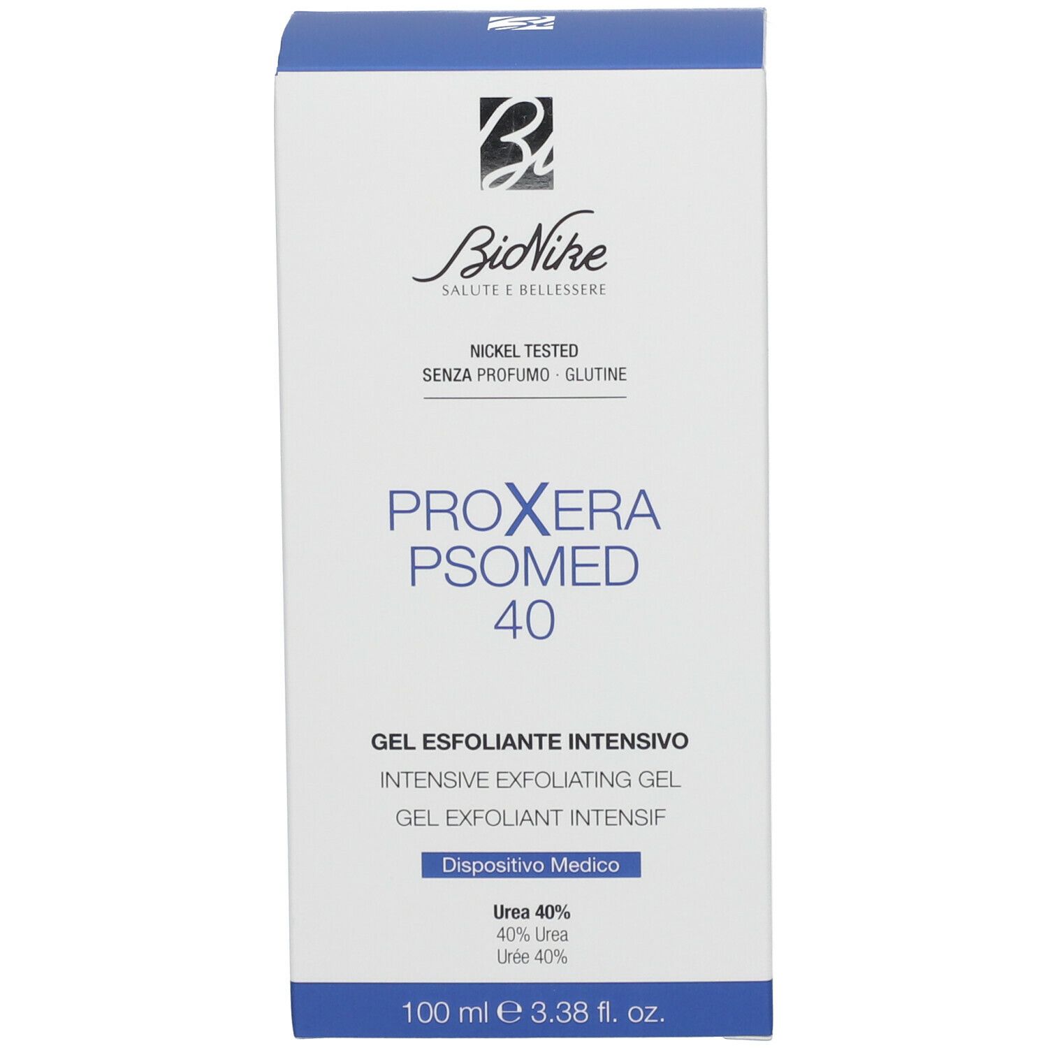 Emballage en carton avec le nom du produit Proxera Psomed 40. Inscription: Gel Esfoliante Intensivo. Testé au nickel. 100 ml.