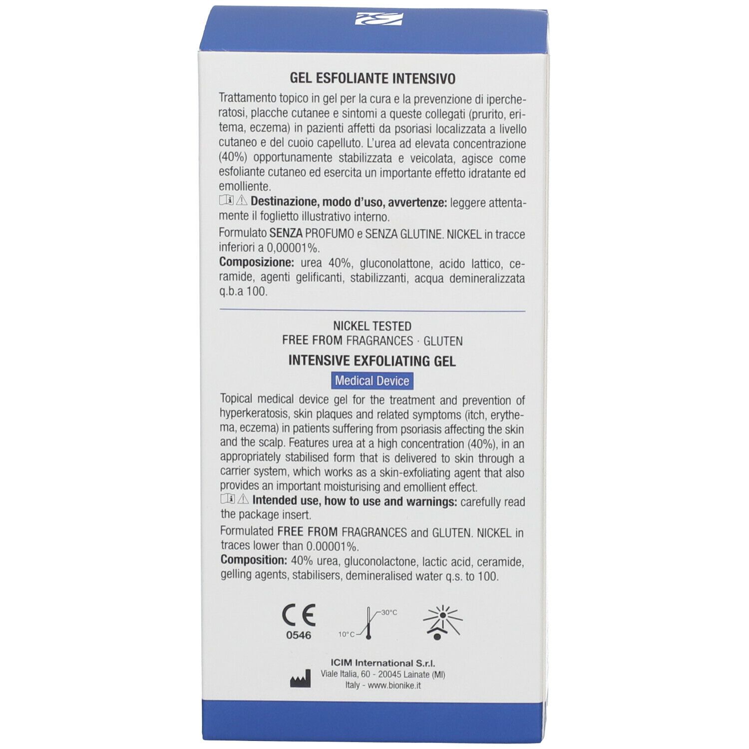 Dos de l'emballage. Texte multilingue. Informations sur le produit Proxera Psomed 40. Marquage CE.