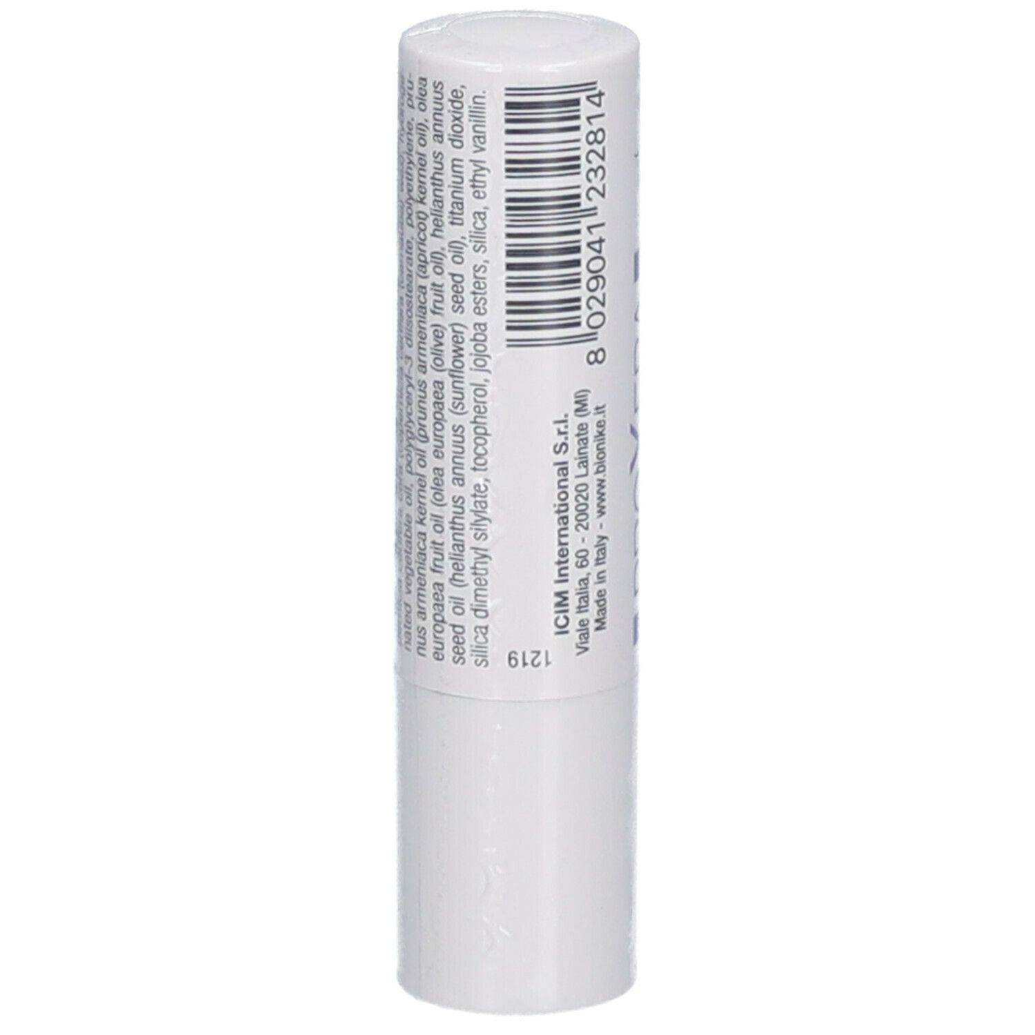 Stick blanc avec liste d'ingrédients et code-barres. Marque BioNike. Verso du produit.