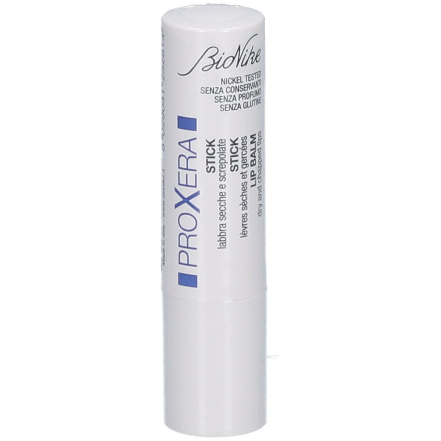 Stick blanc avec inscription bleue PROXERA STICK. Marque BioNike. Pour lèvres sèches.