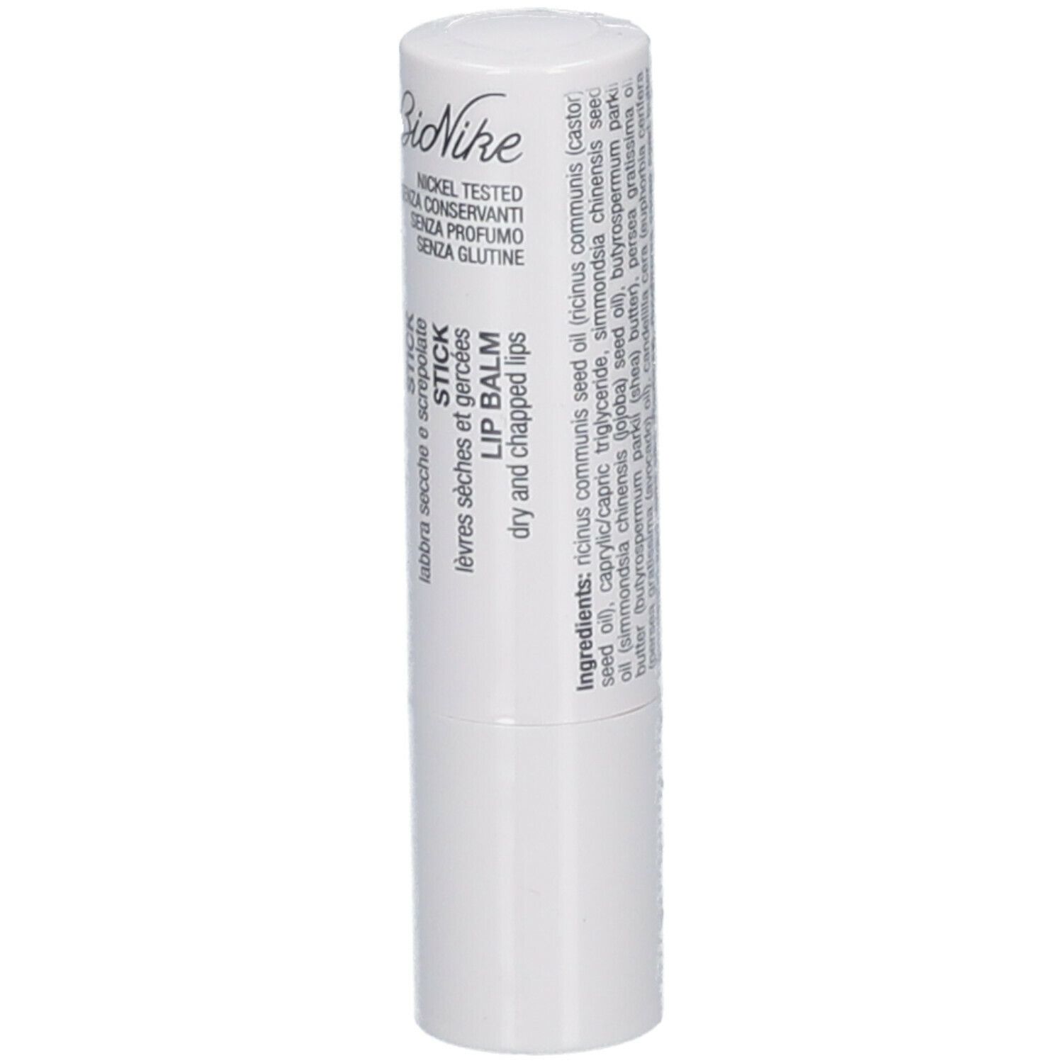 Stick blanc avec liste d'ingrédients. Marque BioNike. Pour lèvres sèches et gercées.