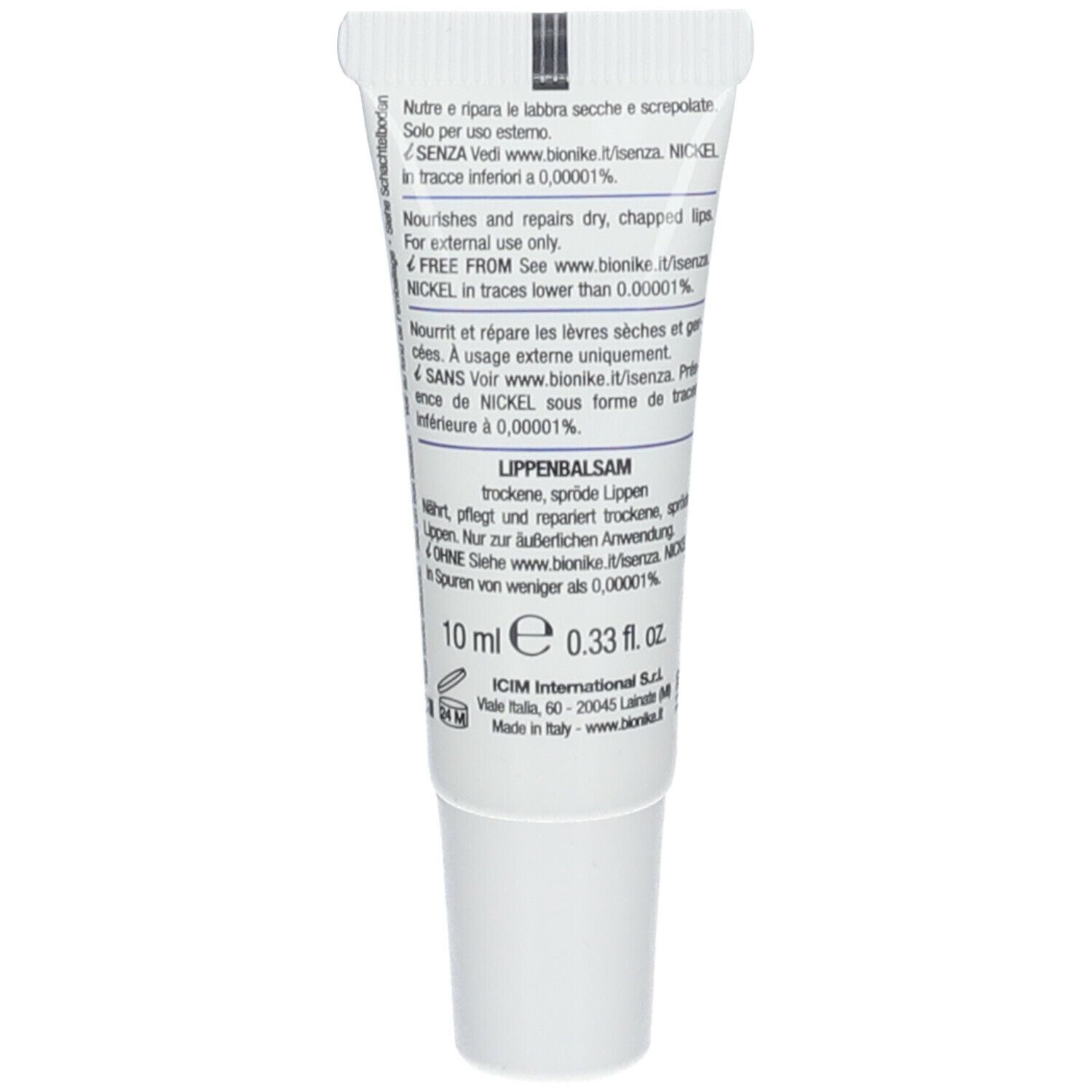 Achterkant van de lippenbalsem tube. Meertalige tekst. Bevat 10 ml. Merk BioNike.
