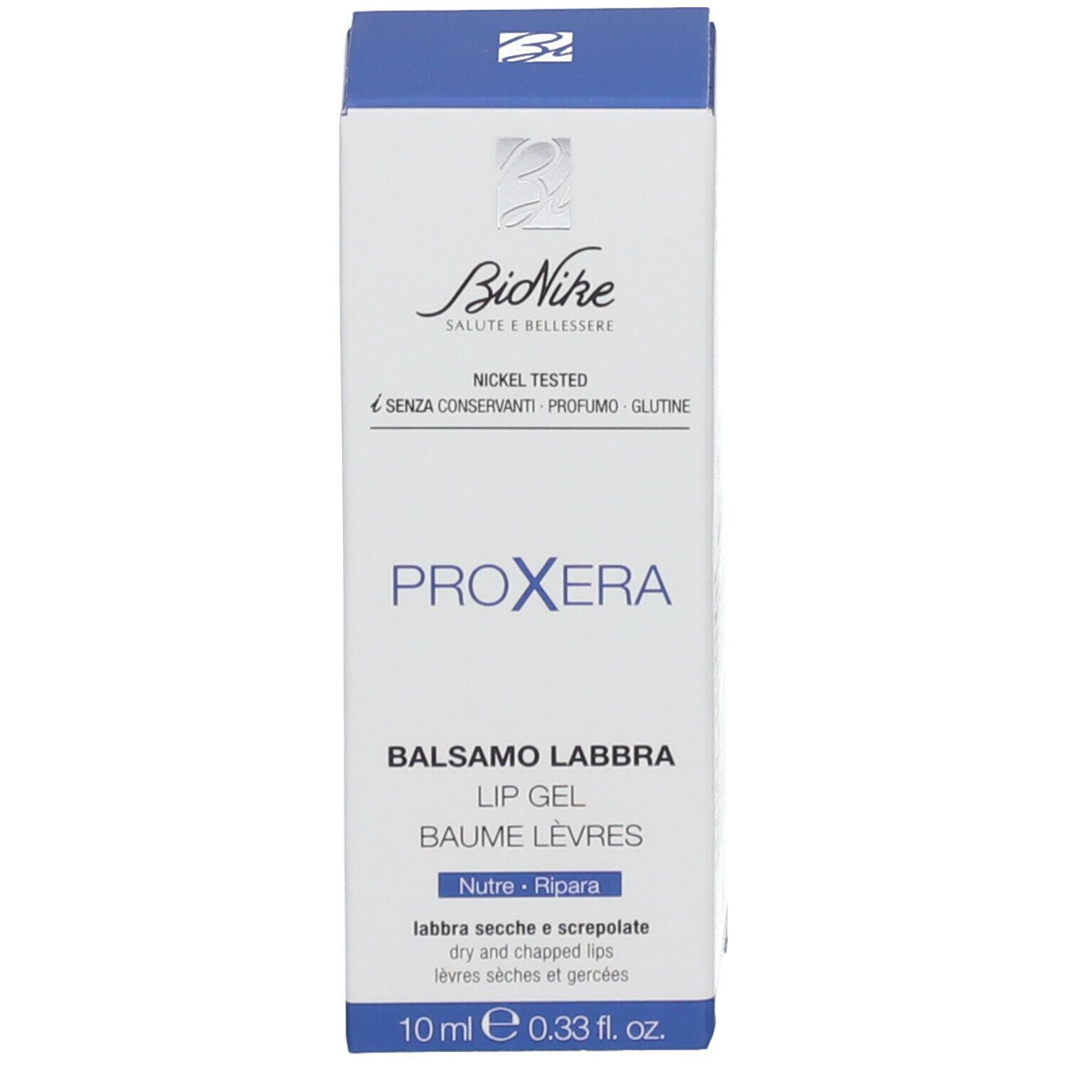 Blauwe doos met opschrift PROXERA, Balsamo Labbra, Lip Gel, Baume Lèvres. Merk BioNike. 10 ml.