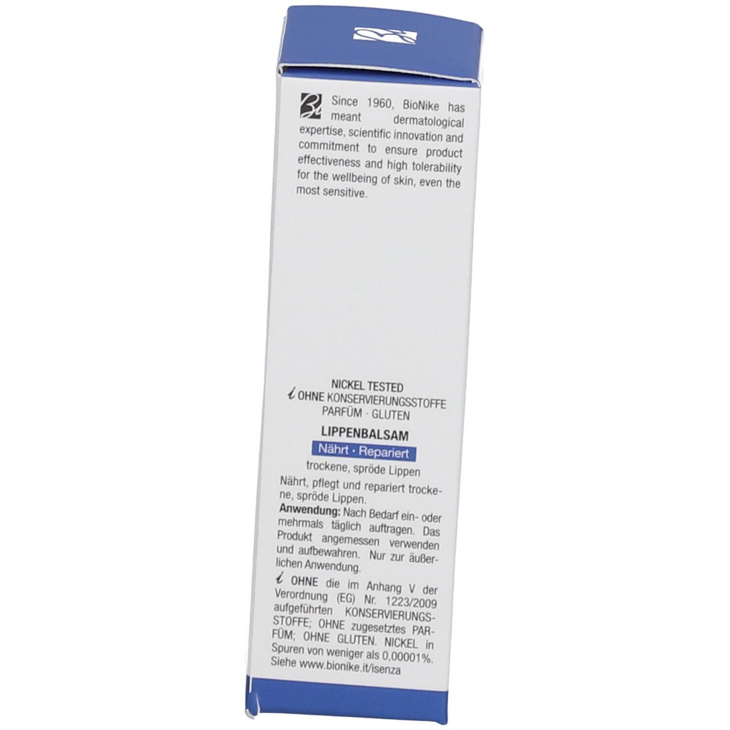 Blauwe doos. Tekst over BioNike, Nickel Tested, zonder conserveermiddelen, parfum, gluten. Lippenbalsem.