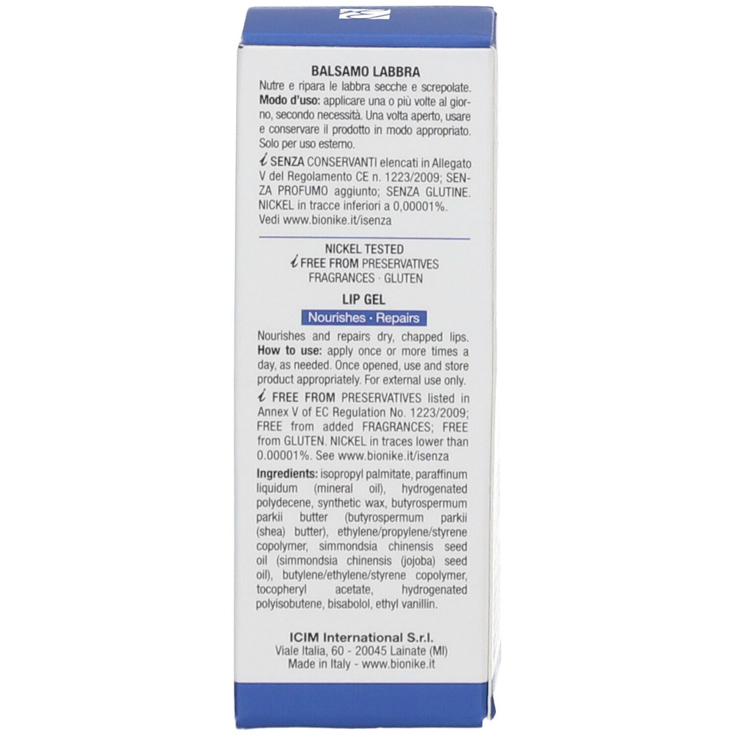 Blauwe doos. Tekst over gebruik, ingrediënten, nikkel- en glutenvrij. Merk BioNike.