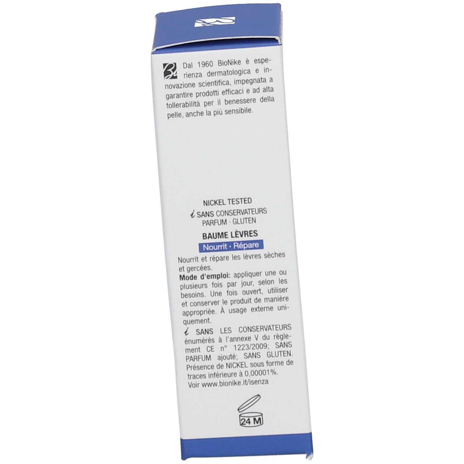 Blauwe doos. Tekst over BioNike, Nickel Tested, zonder conserveermiddelen, parfum, gluten. Lippenbalsem.