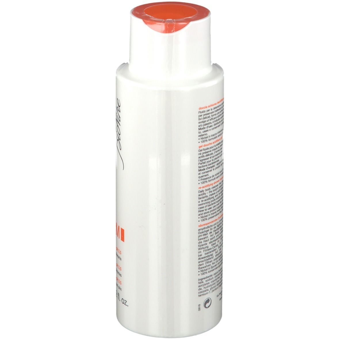 Witte fles met oranje dop. Achterkant met tekst. Productnaam niet zichtbaar.