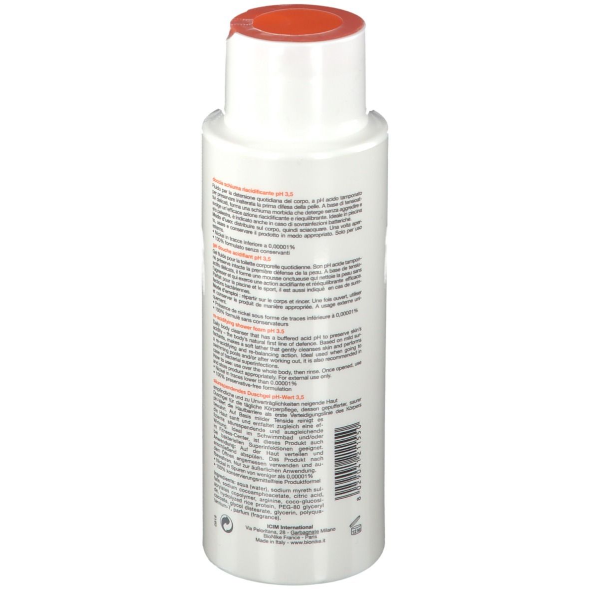 Witte fles met oranje dop. Achterkant met tekst en barcode. Productnaam niet zichtbaar.