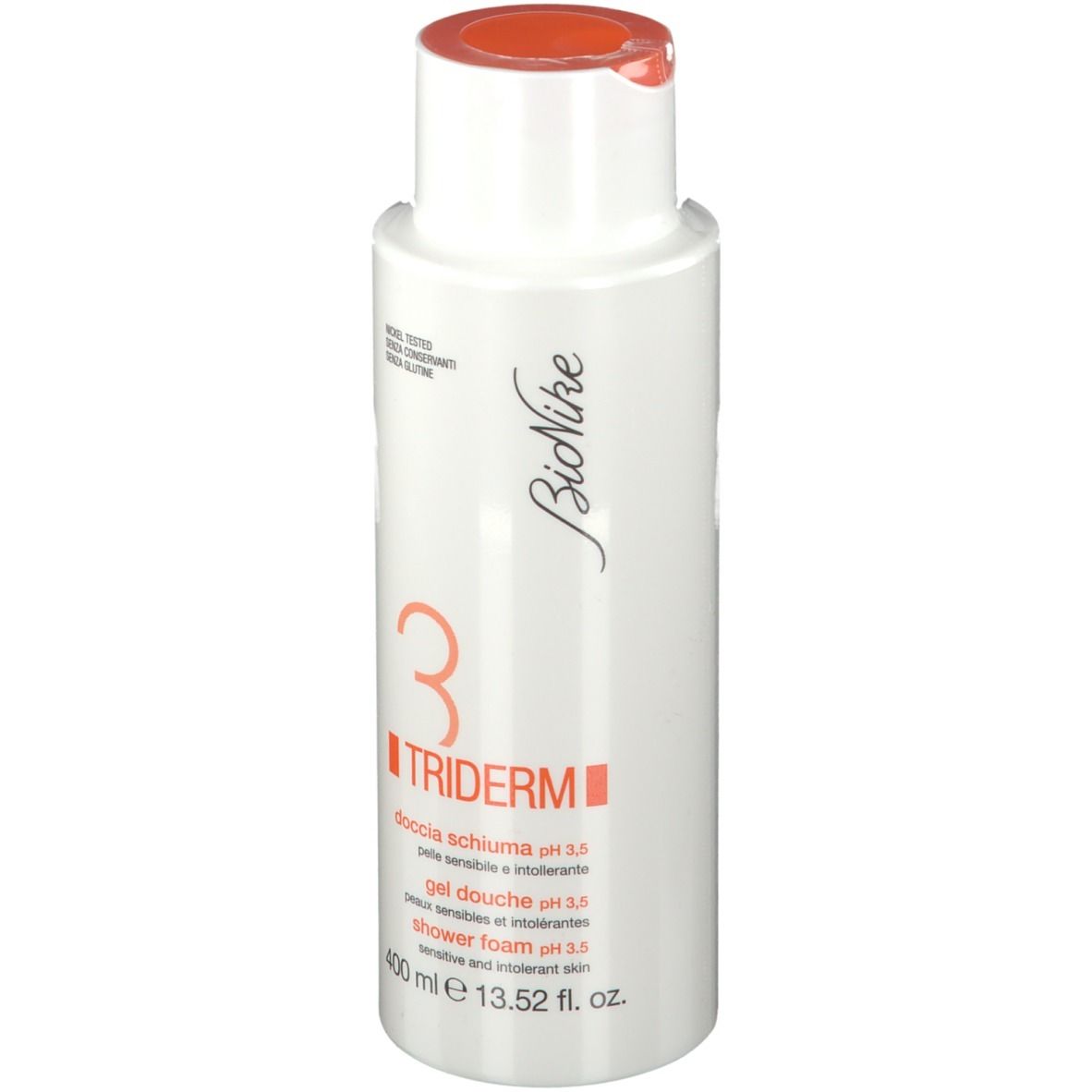 Witte fles met oranje dop. Opschrift: TRIDERM, douchegel pH 3,5. 400 ml.