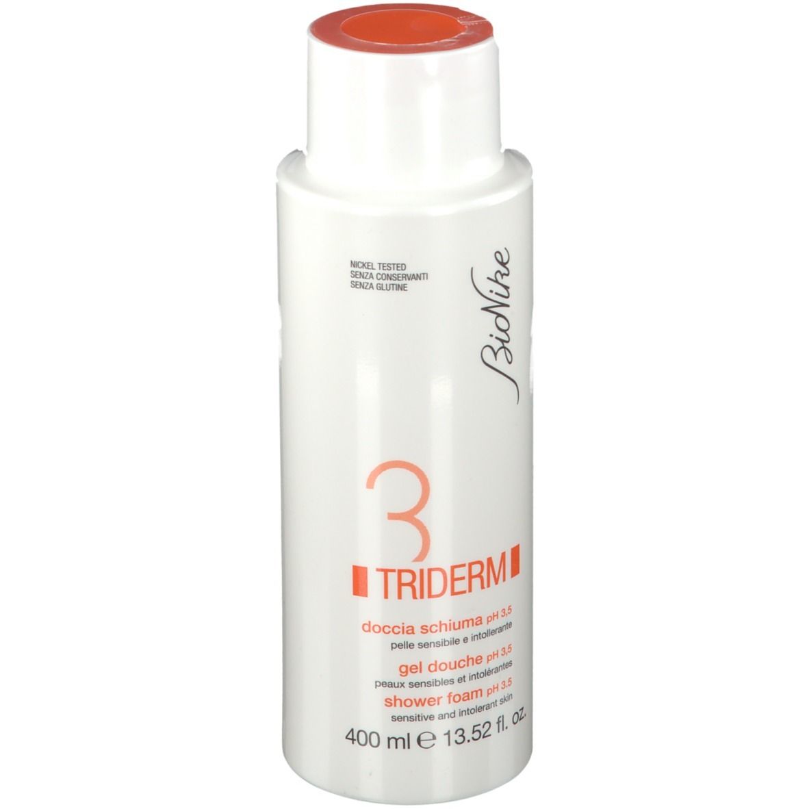 Witte fles met oranje dop. Opschrift: TRIDERM, douchegel pH 3,5. 400 ml.
