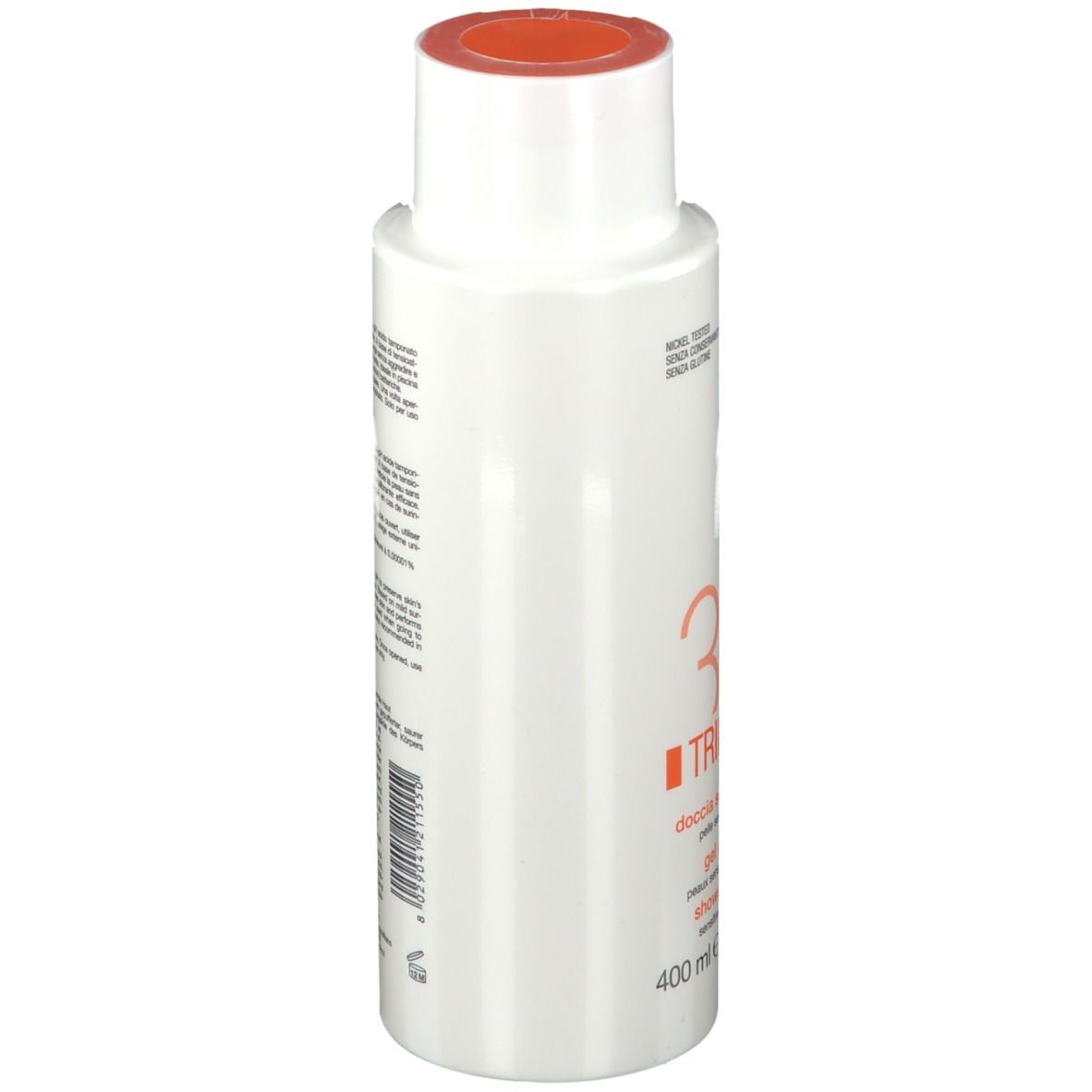 Witte fles met oranje dop. Opschrift: TRIDERM, douchegel pH 3,5. 400 ml.
