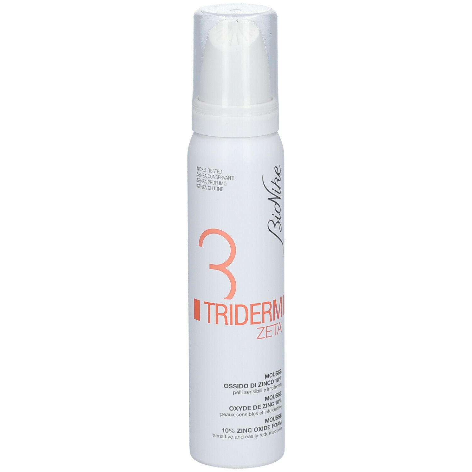 Witte fles met sproeikop. Opschrift: BioNike, 3 Triderm Zeta, Mousse Oxyde de Zinc 10%.