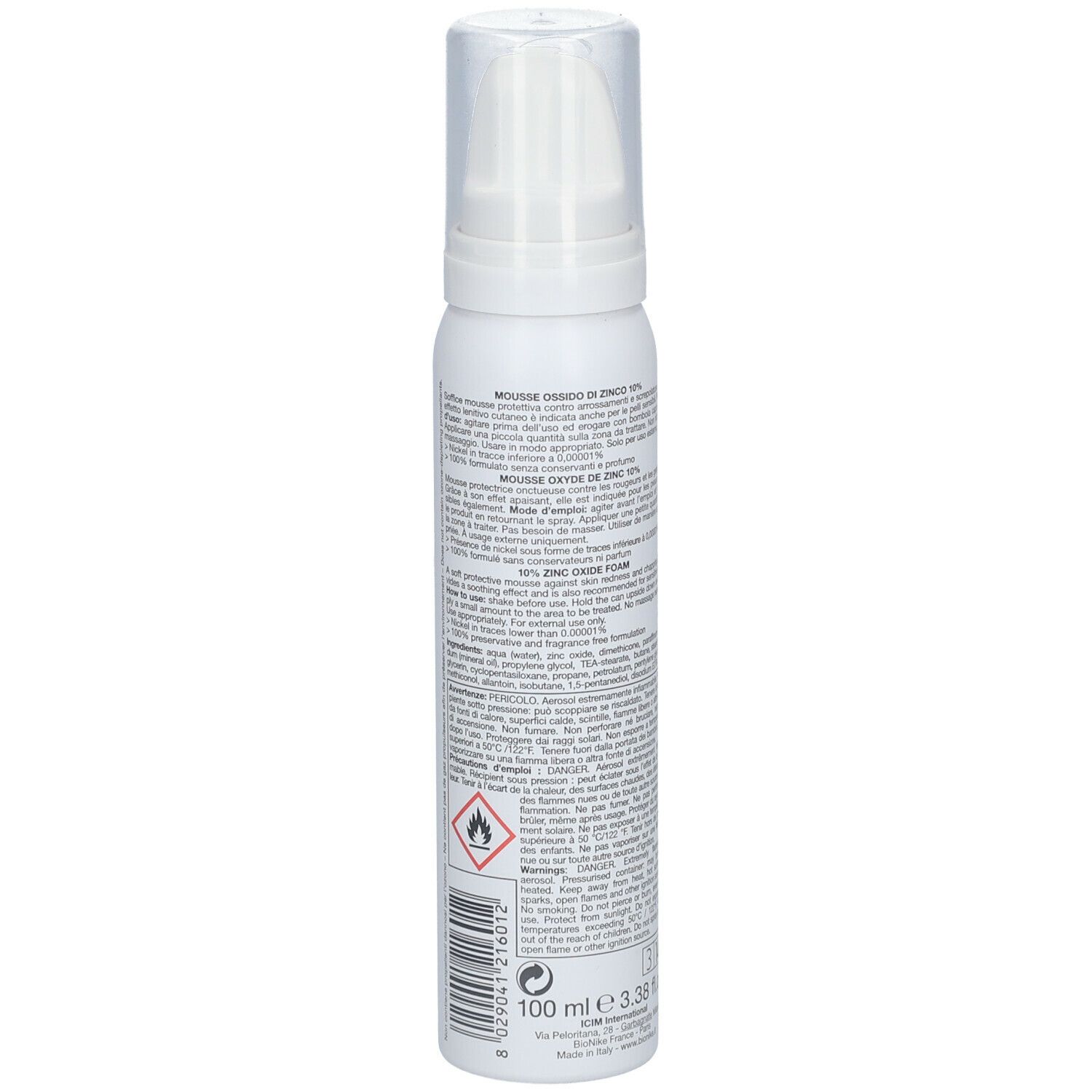 Witte fles, achterkant. Opschrift: BioNike, tekst, 100 ml, waarschuwing.