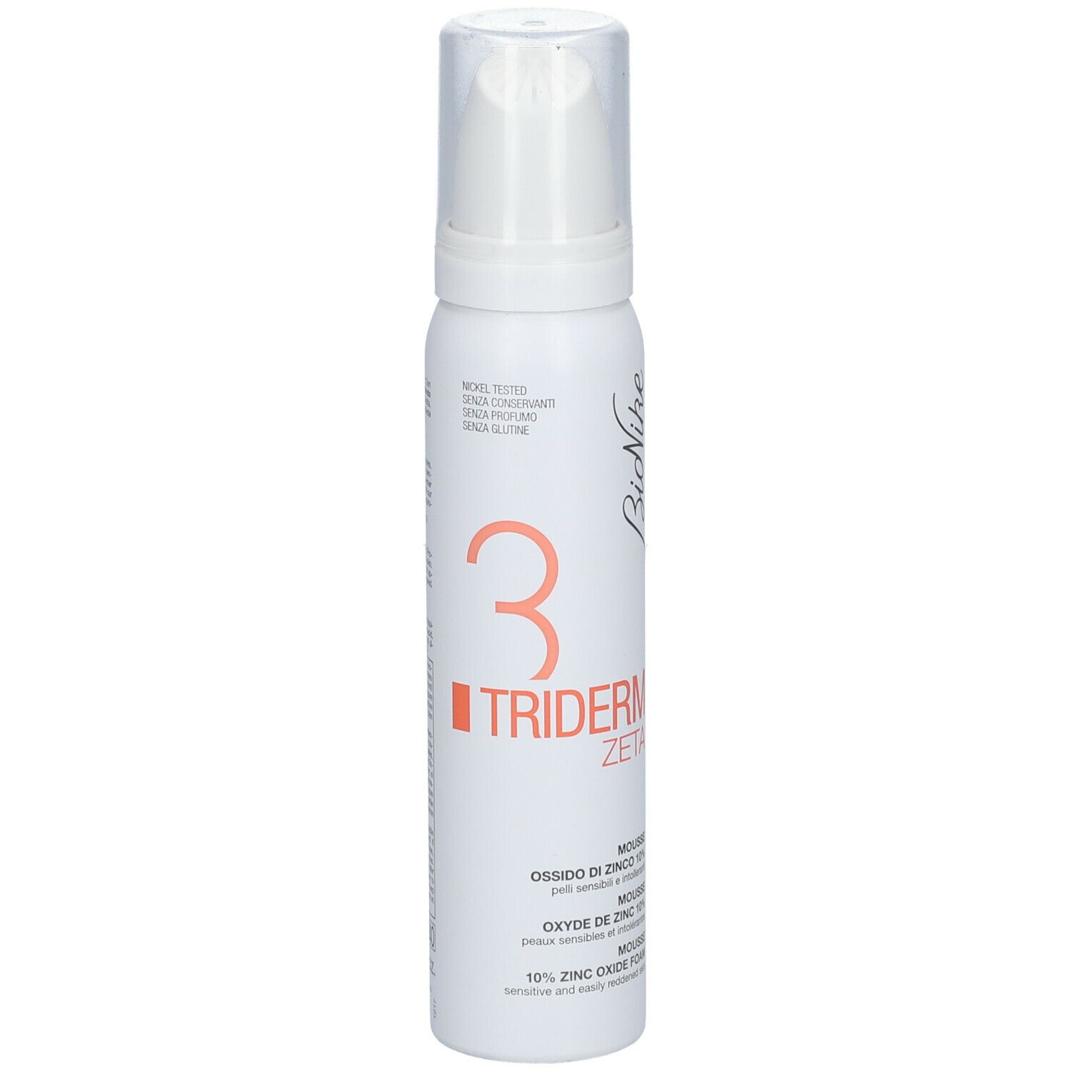 Witte fles met sproeikop. Opschrift: BioNike, 3 Triderm Zeta, Mousse Oxyde de Zinc 10%.