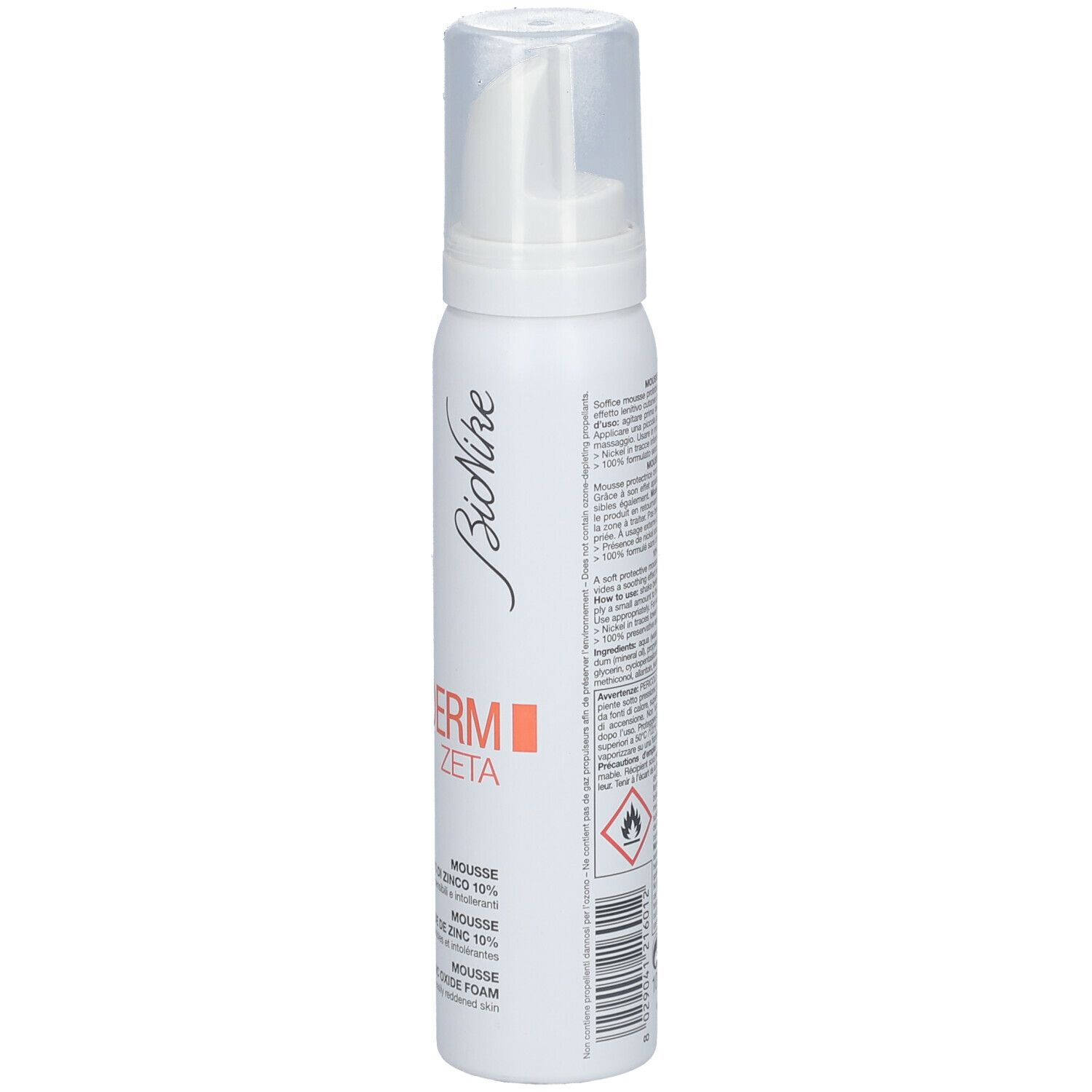 Witte fles, zijaanzicht. Opschrift: BioNike, Triderm Zeta, Mousse Oxyde de Zinc 10%.