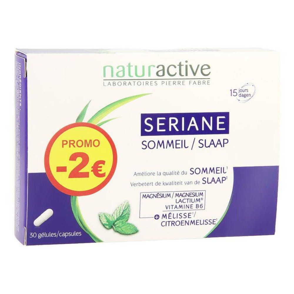Boîte Naturactive SERIANE Sommeil. 30 gélules. Promo -2€. Contient mélisse, magnésium, vitamine B6. Inscription en français et néerlandais.