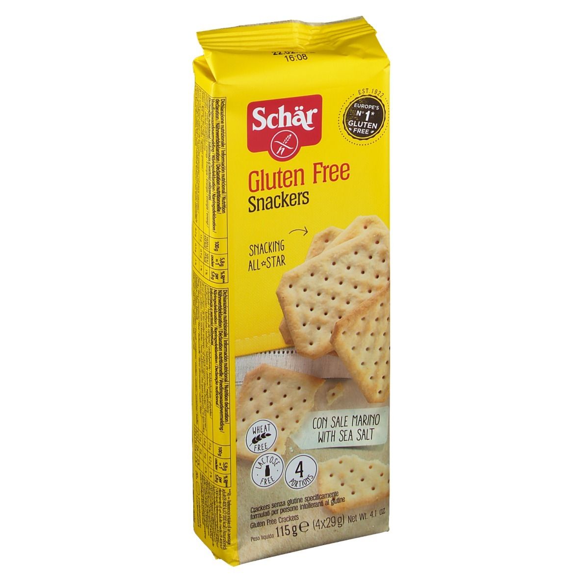 Emballage jaune de Snackers sans gluten. Inscriptions: Schär, Gluten Free, Snackers, sel marin. Contient 4 portions.