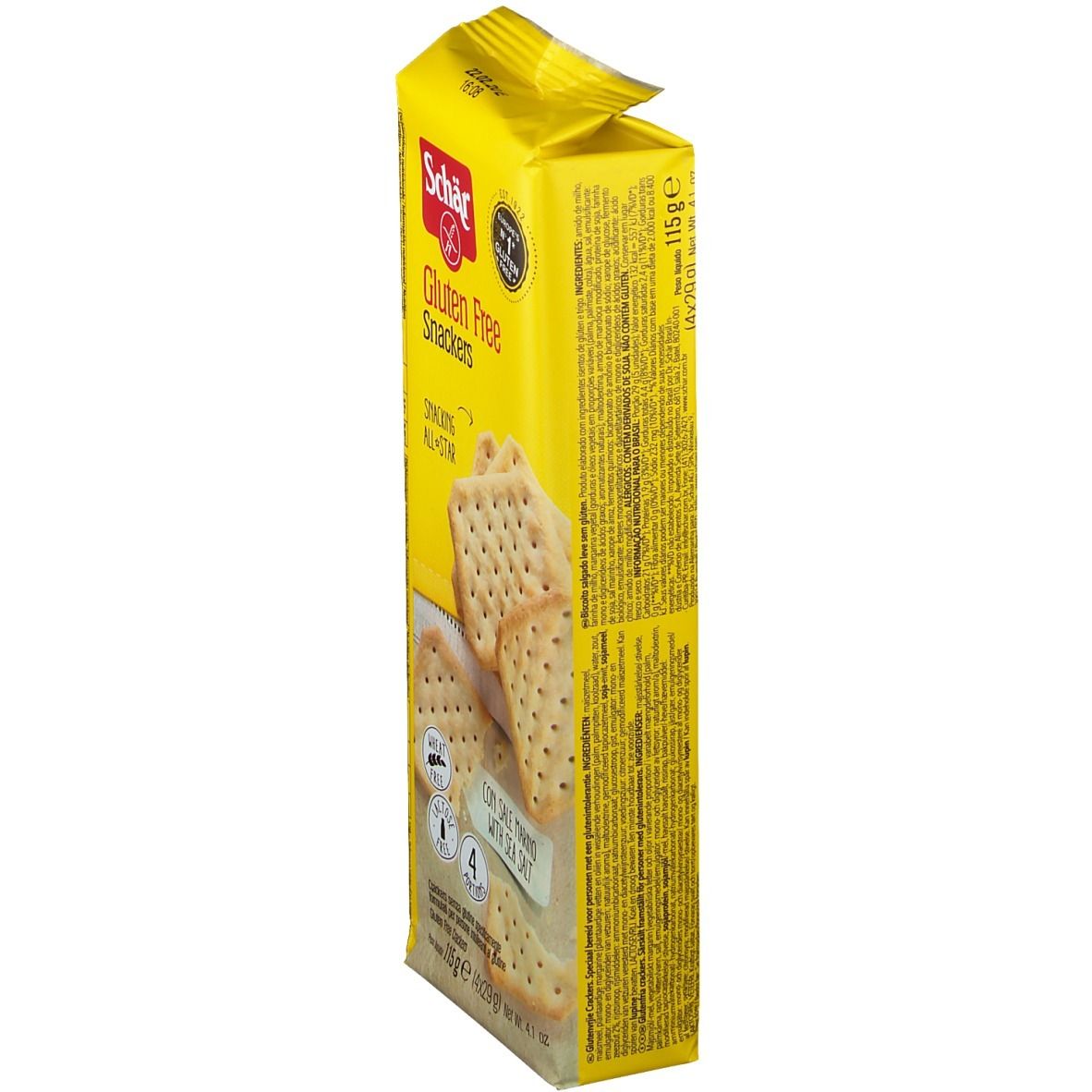 Emballage jaune de Snackers sans gluten. Inscriptions: Schär, Gluten Free, Snackers. Vue latérale avec texte et informations nutritionnelles.