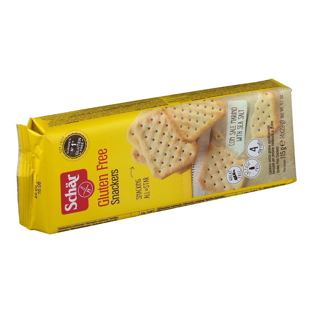 Emballage jaune de Snackers sans gluten. Inscriptions: Schär, Gluten Free, Snackers, sel marin. Contient 4 portions. Vue en biais.