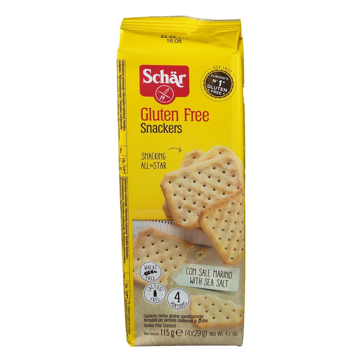 Emballage jaune de Snackers sans gluten. Inscriptions: Schär, Gluten Free, Snackers, sel marin. Contient 4 portions.