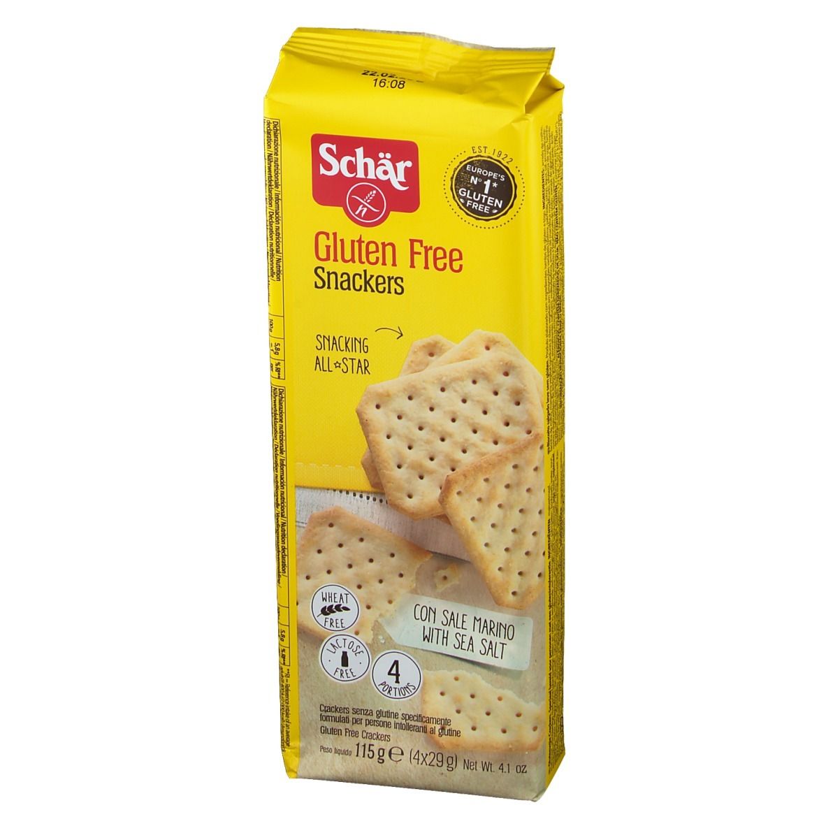 Emballage jaune de Snackers sans gluten. Inscriptions: Schär, Gluten Free, Snackers, sel marin. Contient 4 portions.