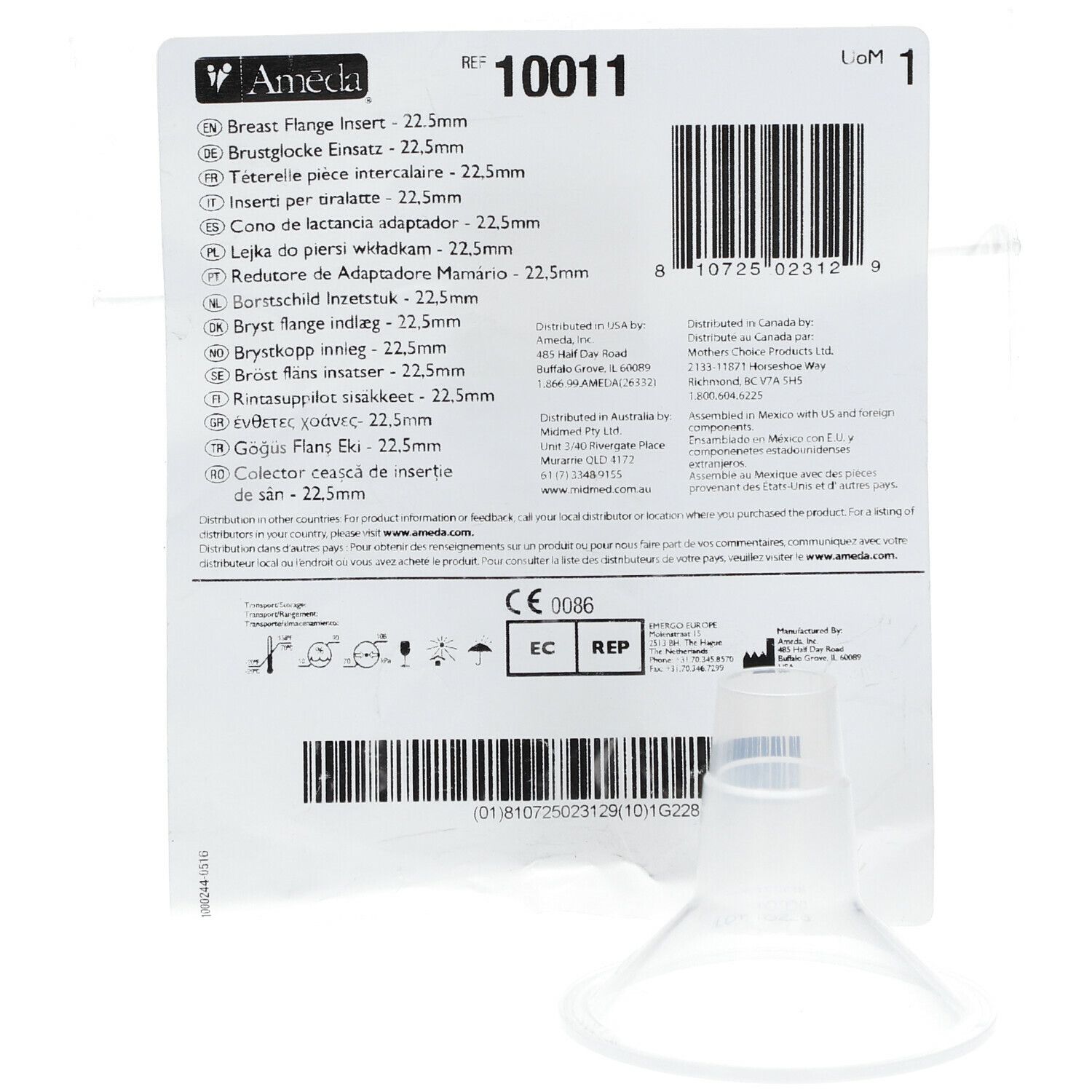 Adaptateur d'allaitement transparent. L'emballage présente des noms de produits en plusieurs langues et le marquage CE.