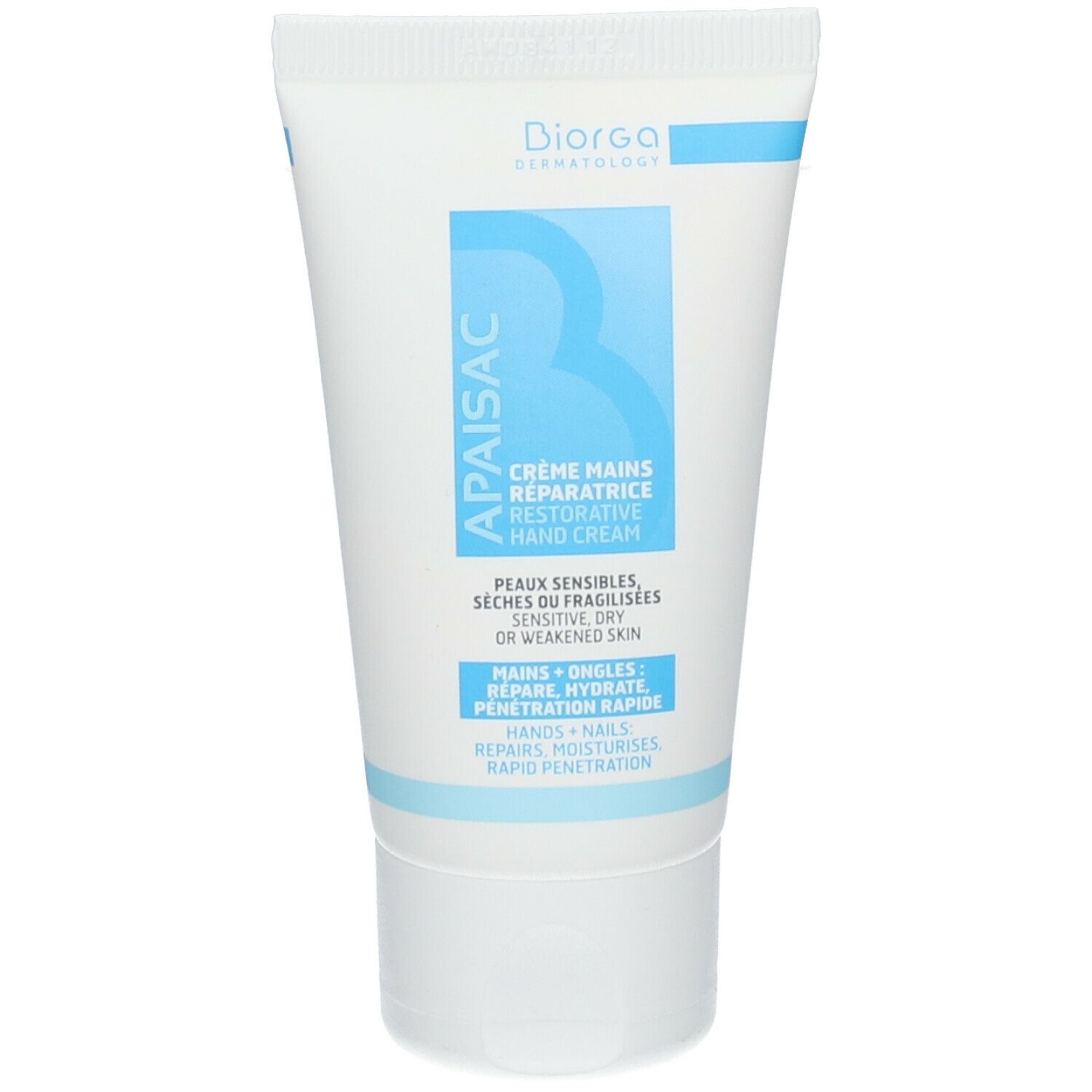 Tube de crème blanc, texte bleu: Apaisac, Crème Mains Réparatrice, pour peaux sensibles. Marque Biorga. 