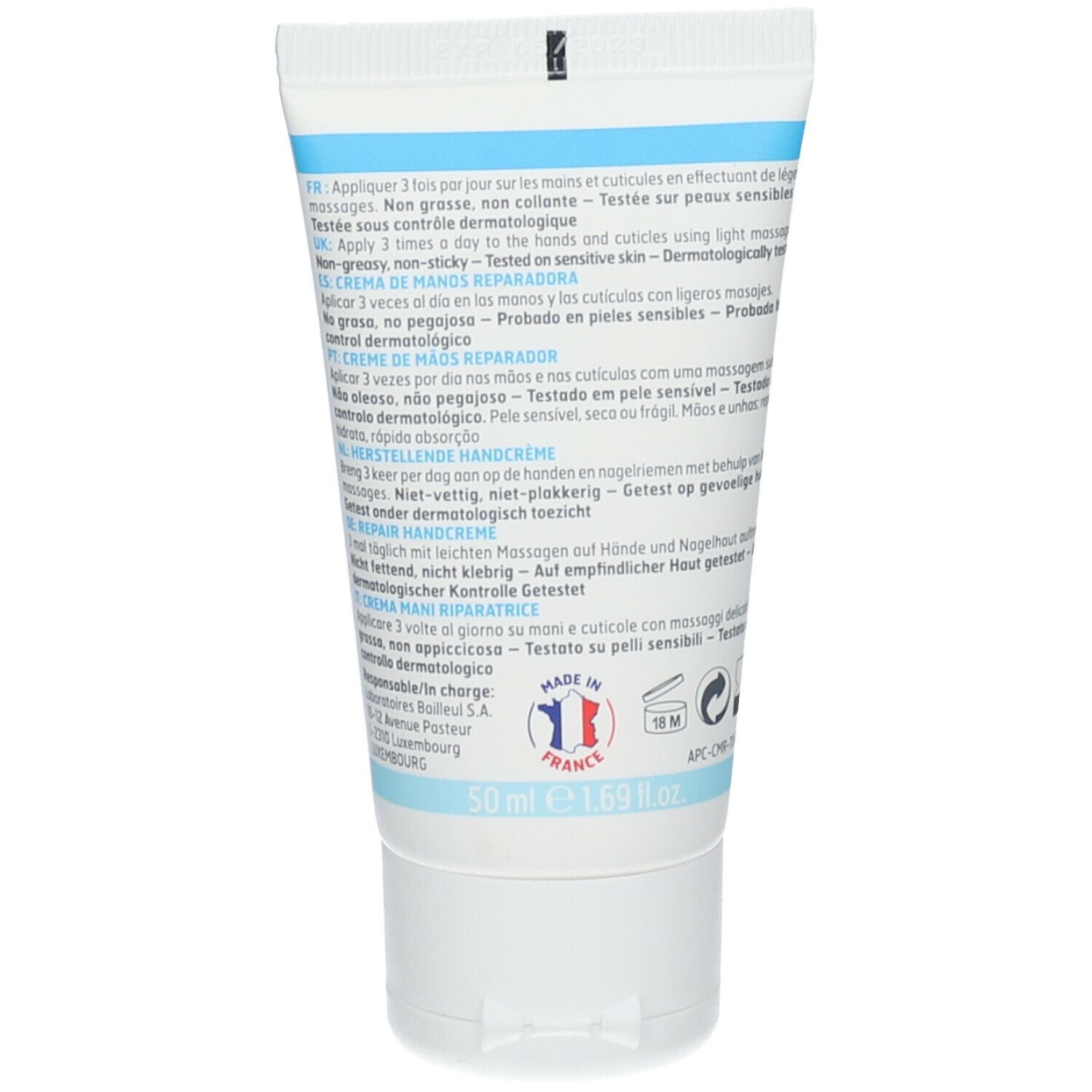 Dos du tube de crème. Texte multilingue. Ingrédients et fabricant. 50 ml.