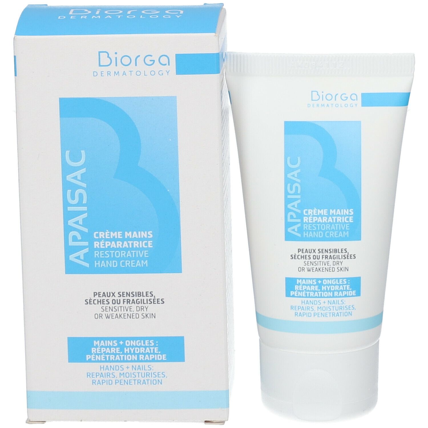 Tube de crème et boîte. Blanc avec texte bleu: Apaisac, Crème Mains Réparatrice, pour peaux sensibles. Marque Biorga.