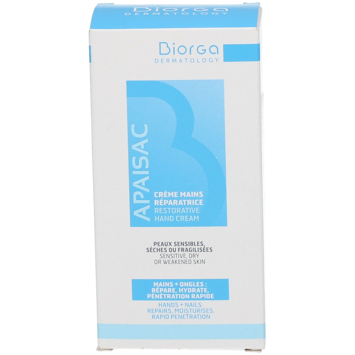 Boîte blanche avec texte bleu: Apaisac, Crème Mains Réparatrice, pour peaux sensibles. Marque Biorga.