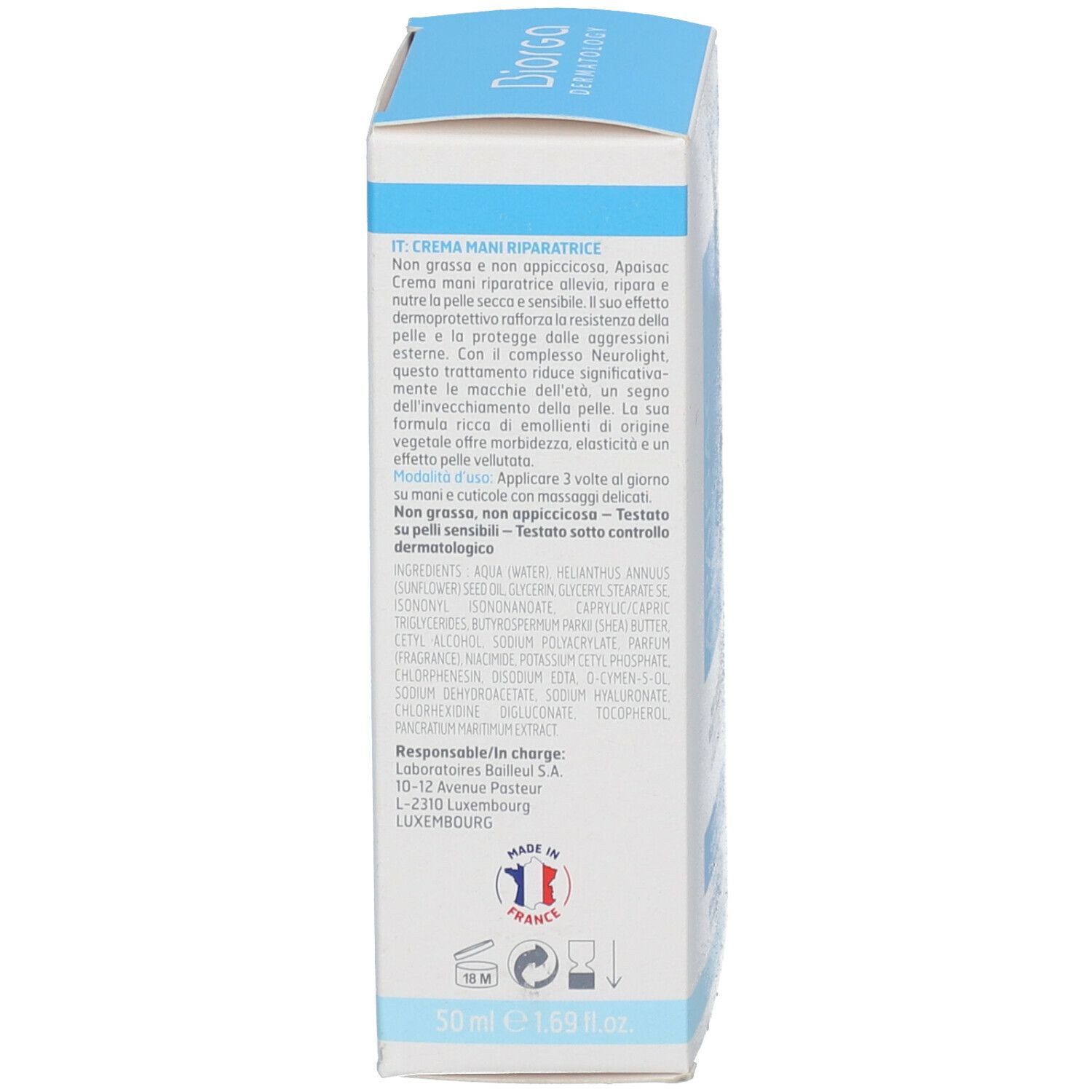 Boîte, vue détaillée. Texte en italien. Ingrédients et fabricant. 50 ml.