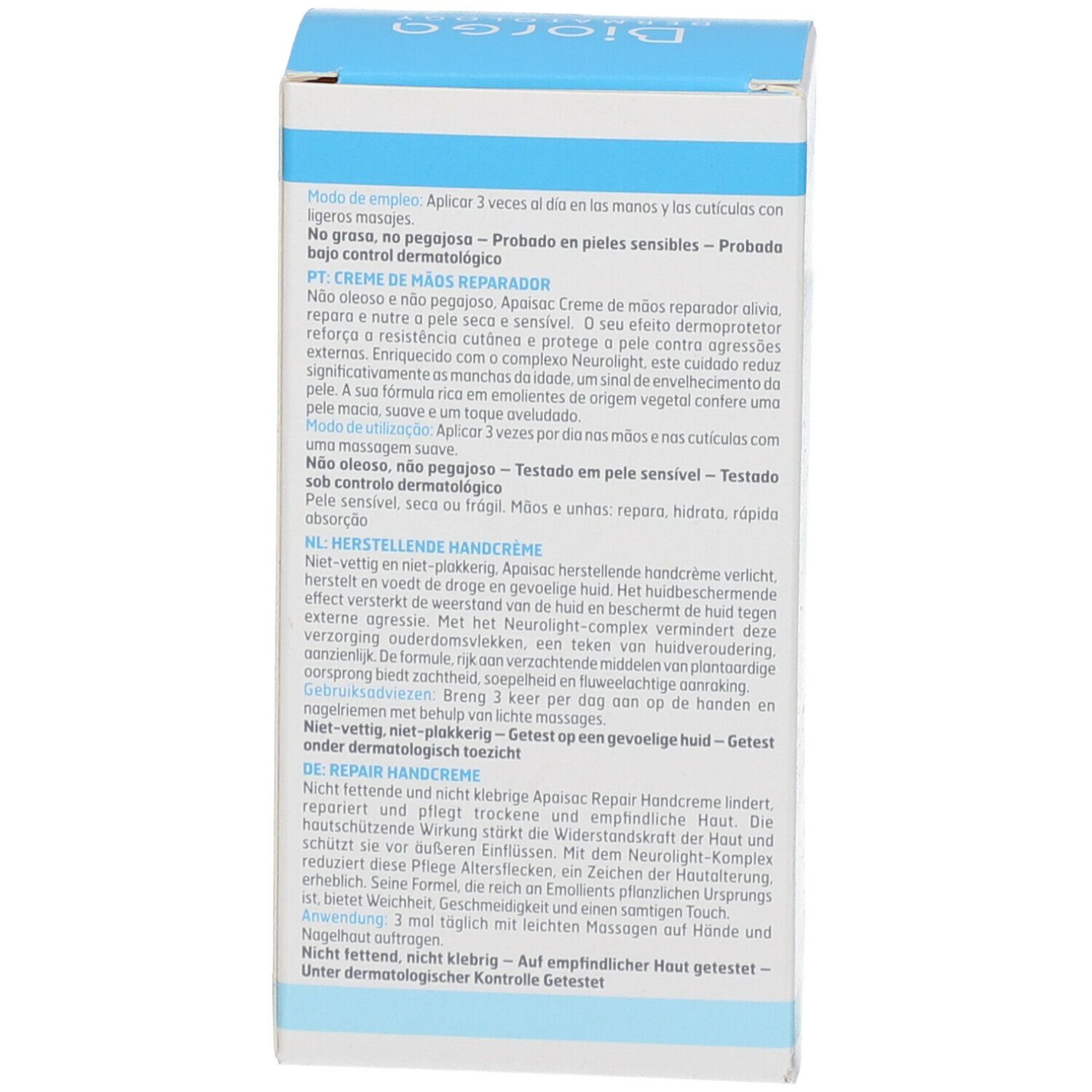 Boîte, vue détaillée. Texte multilingue. Instructions et fabricant. 50 ml.