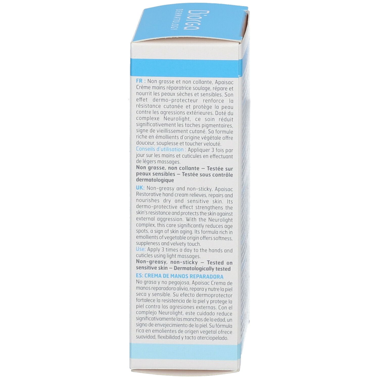 Boîte, vue détaillée. Texte multilingue. Instructions et fabricant. 50 ml.