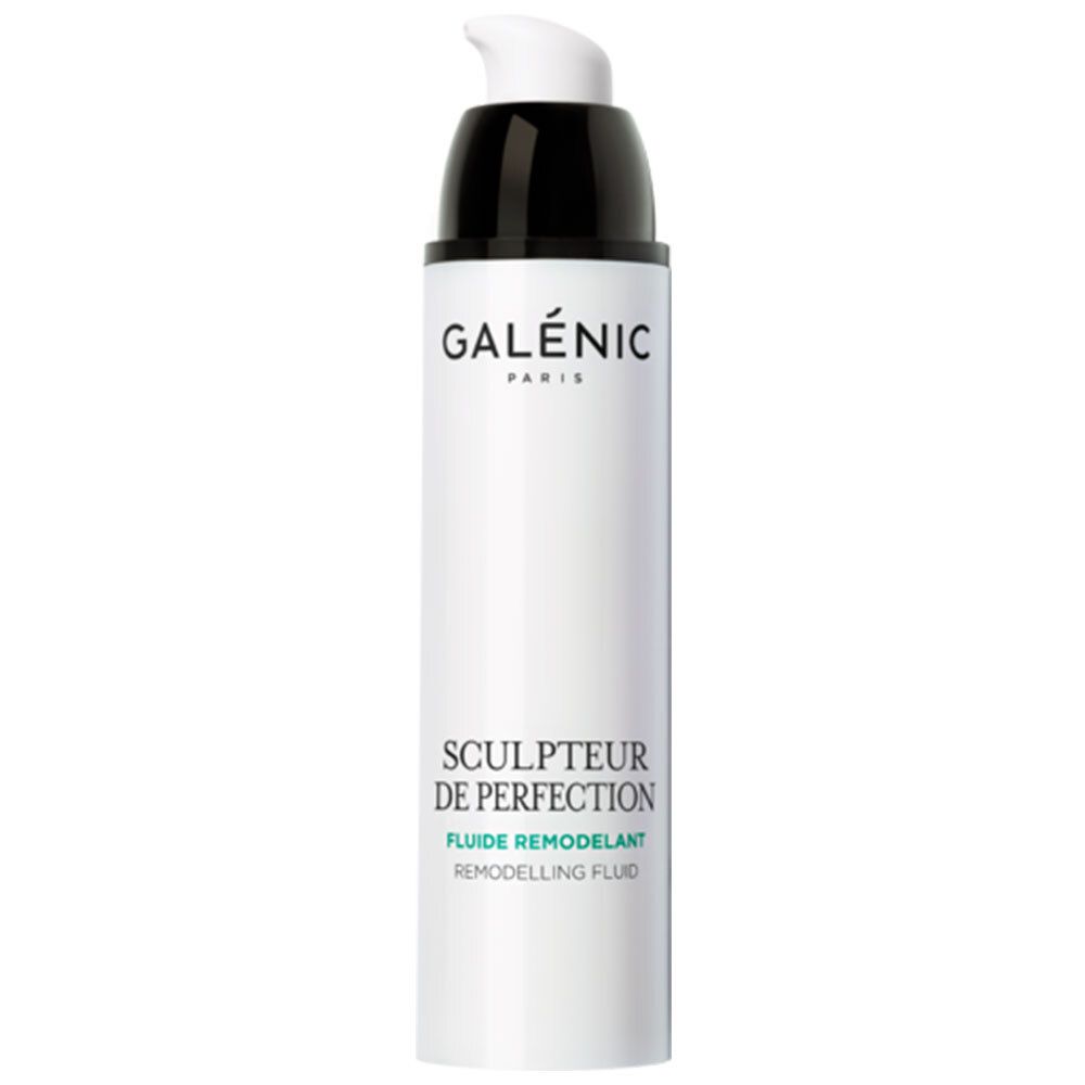 Witte fles met zwarte dop en pomp. Opschrift Galénic Paris. Opschrift Sculptor de Perfection, Fluide Remodelant.