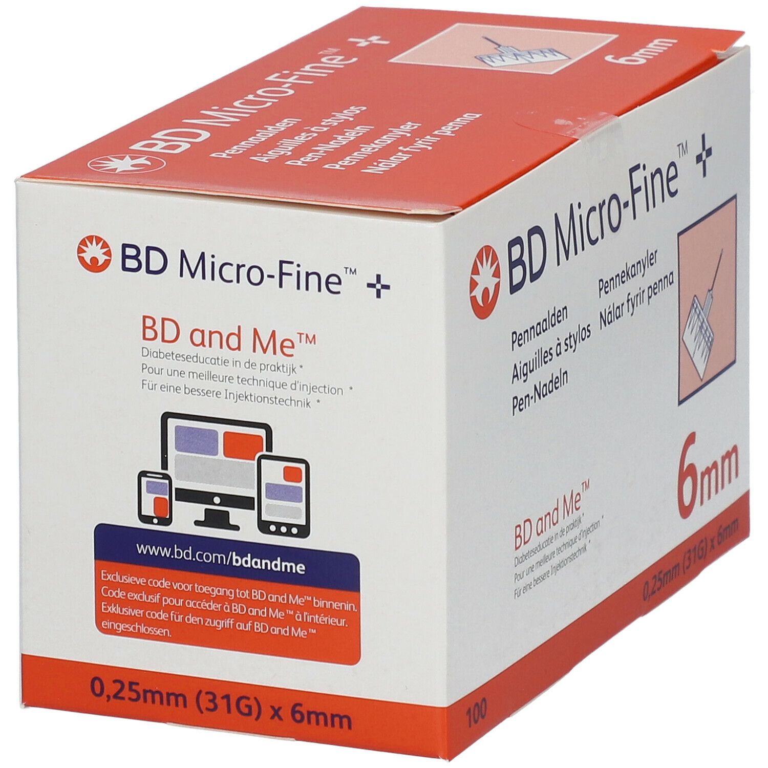 Boîte de BD Micro-Fine Pennaalden. Inscription : 6mm, 0,25mm (31G) x 6mm. Contient 100 pièces. Boîte orange et blanche.