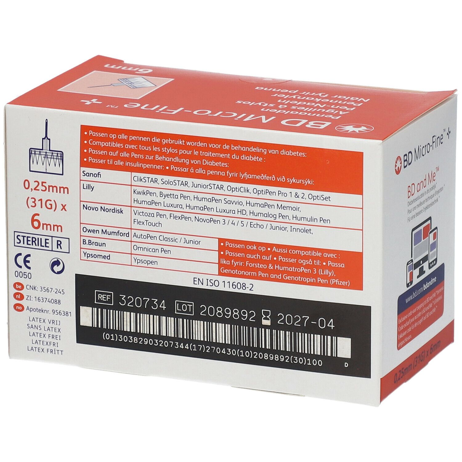 Dos de la boîte de BD Micro-Fine Pennaalden. Informations de compatibilité et numéro de lot. Marquage Sterile R.