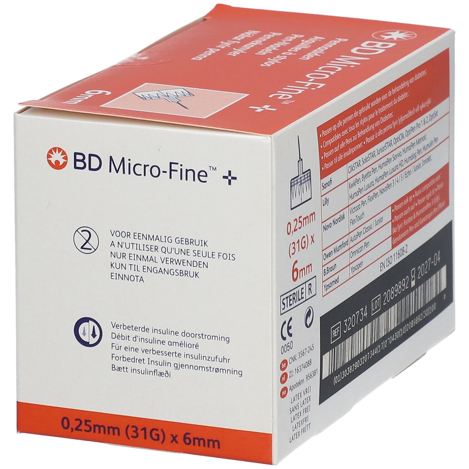 Boîte de BD Micro-Fine Pennaalden. Inscription : 6mm, 0,25mm (31G) x 6mm. Usage unique. Marquage Sterile R.