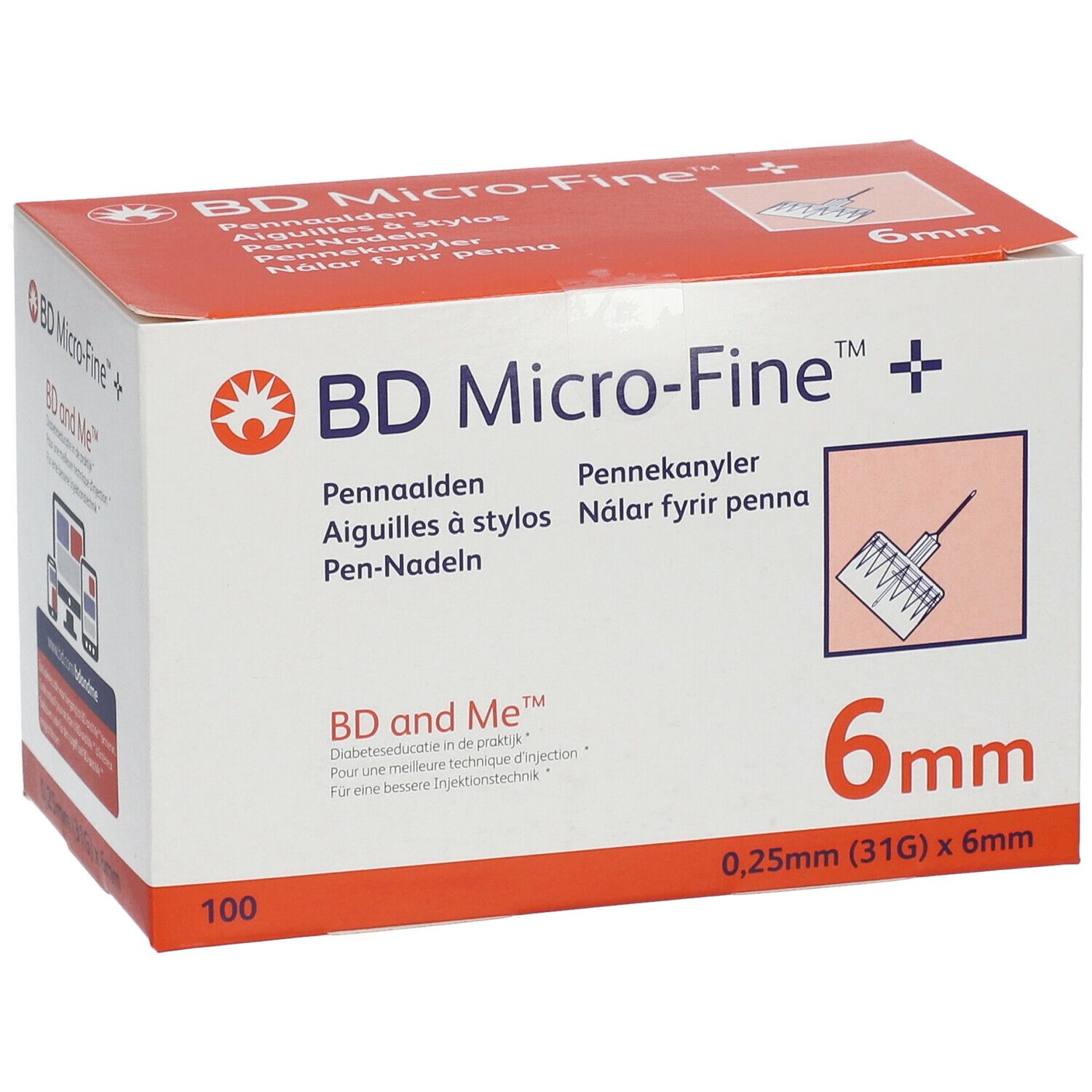 Boîte de BD Micro-Fine Pennaalden. Inscription : 6mm, 0,25mm (31G) x 6mm. Boîte orange et blanche avec informations.