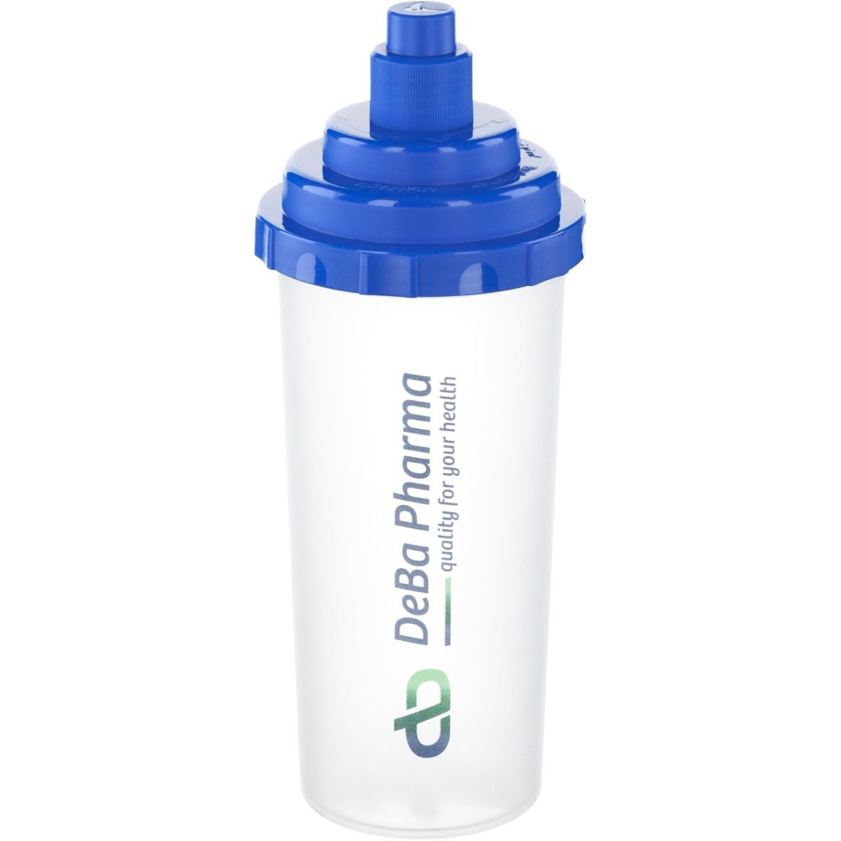 Shaker transparent avec couvercle bleu. Inscription: DeBa Pharma, qualité pour votre santé.