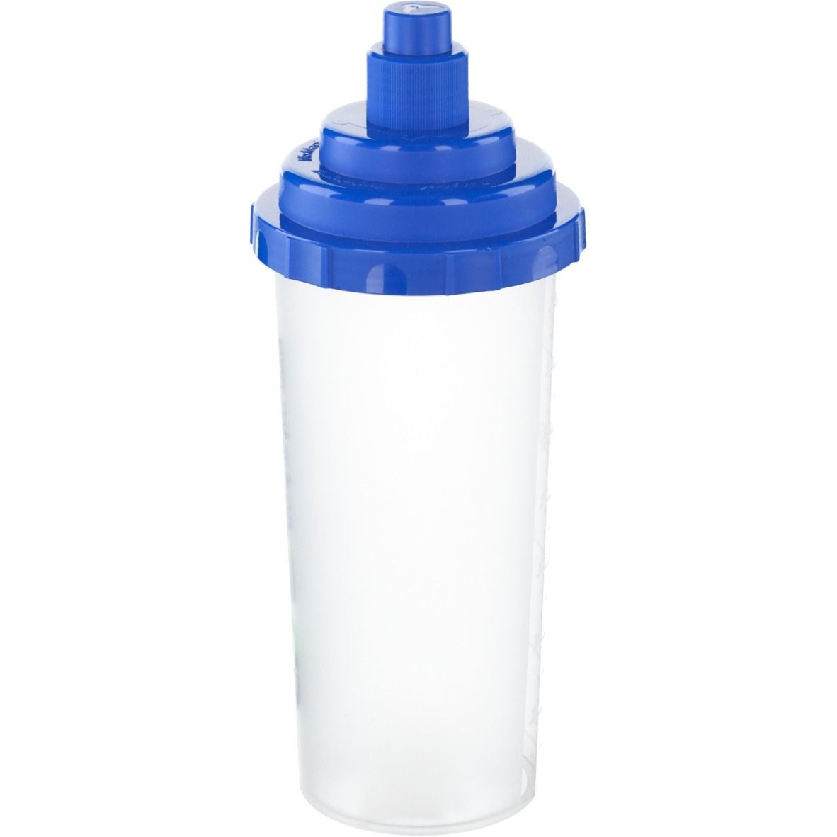 Shaker transparent avec couvercle bleu. Le shaker est vide.