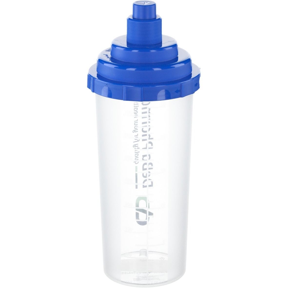 Shaker transparent avec couvercle bleu. Inscription: DeBa Pharma, qualité pour votre santé.
