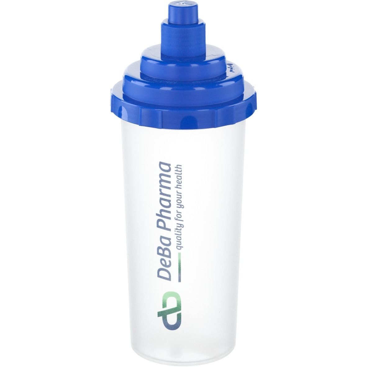 Shaker transparent avec couvercle bleu. Inscription: DeBa Pharma, qualité pour votre santé.