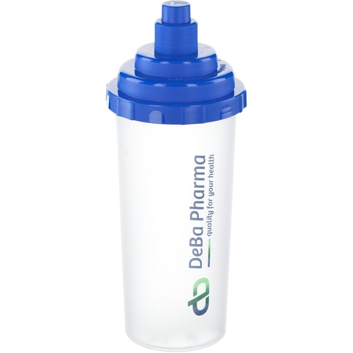 Shaker transparent avec couvercle bleu. Inscription: DeBa Pharma, qualité pour votre santé.